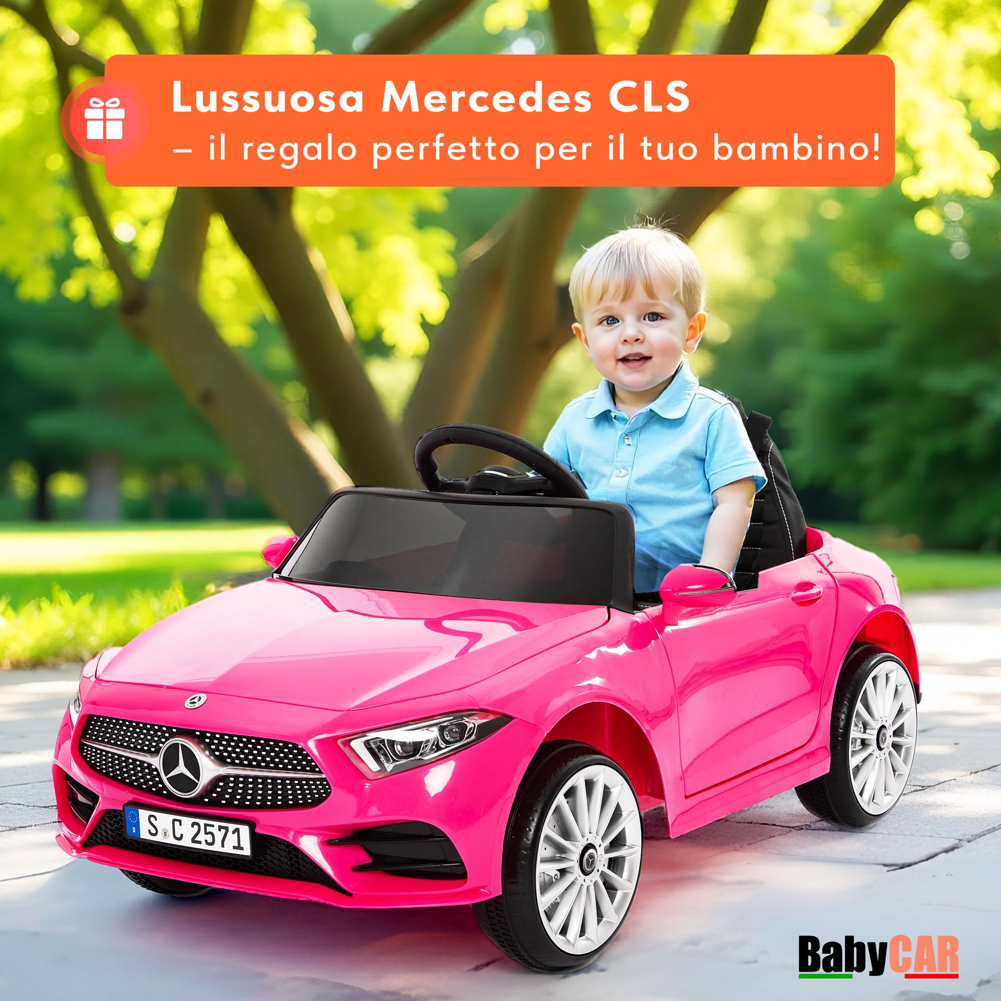 BabyCar Mercedes CLS 350 AMG | Macchina Elettrica per Bambini 12V con 2 Motori 25W | Auto Elettrica Per Bambini Telecomandata, Sedile in Pelle, Porte Apribili, MP3/USB | Licenza Ufficiale | Rosa
