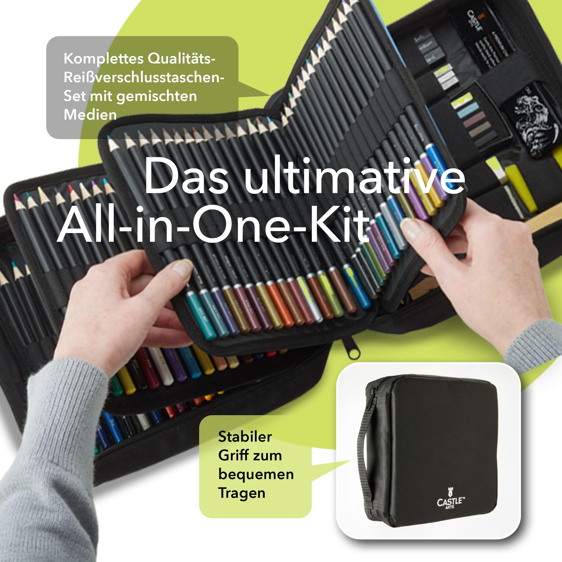 Castle Art Supplies gemischtes Kunstmittel Set | 120+ Künstlerstifte-Kollektion – Buntstifte, Aquarellstifte, Pastellstifte, Metallic-Stifte, Grafitstifte, Kohlestifte | Im übersichtlichen Reiseetui