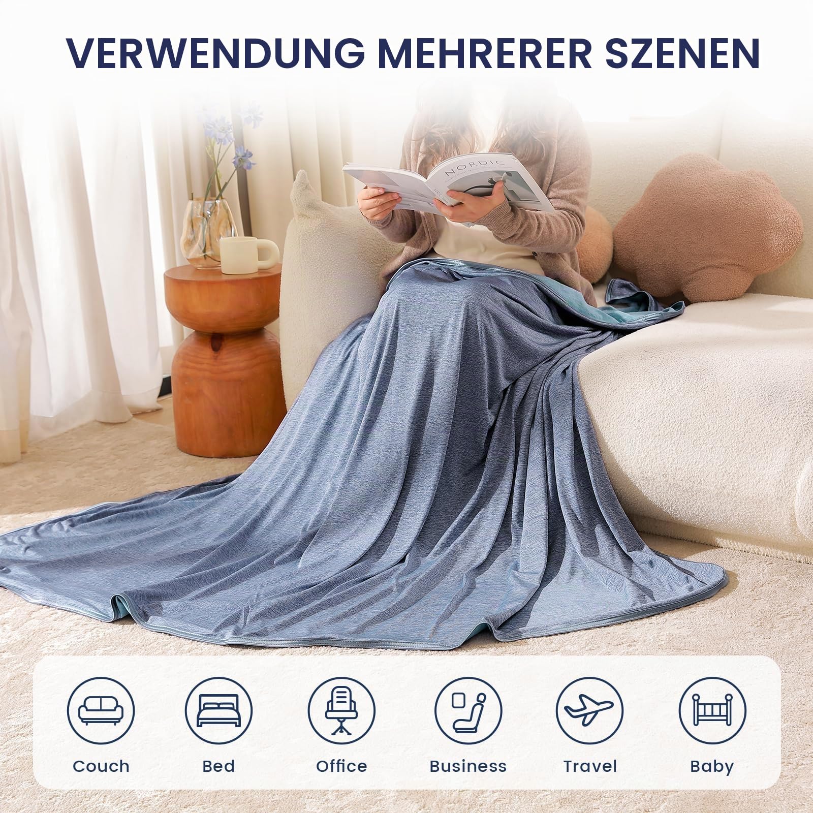 Kühldecke gegen Nachtschweiß, Sommerdecke Kühlwurf für Heiß schlafende Personen, Q-Max > 0,45 Kühlfaser für Bett, Sofa, Reise, Erwachsene, Kinder oder die Wechseljahre, 150x200 cm, Blau