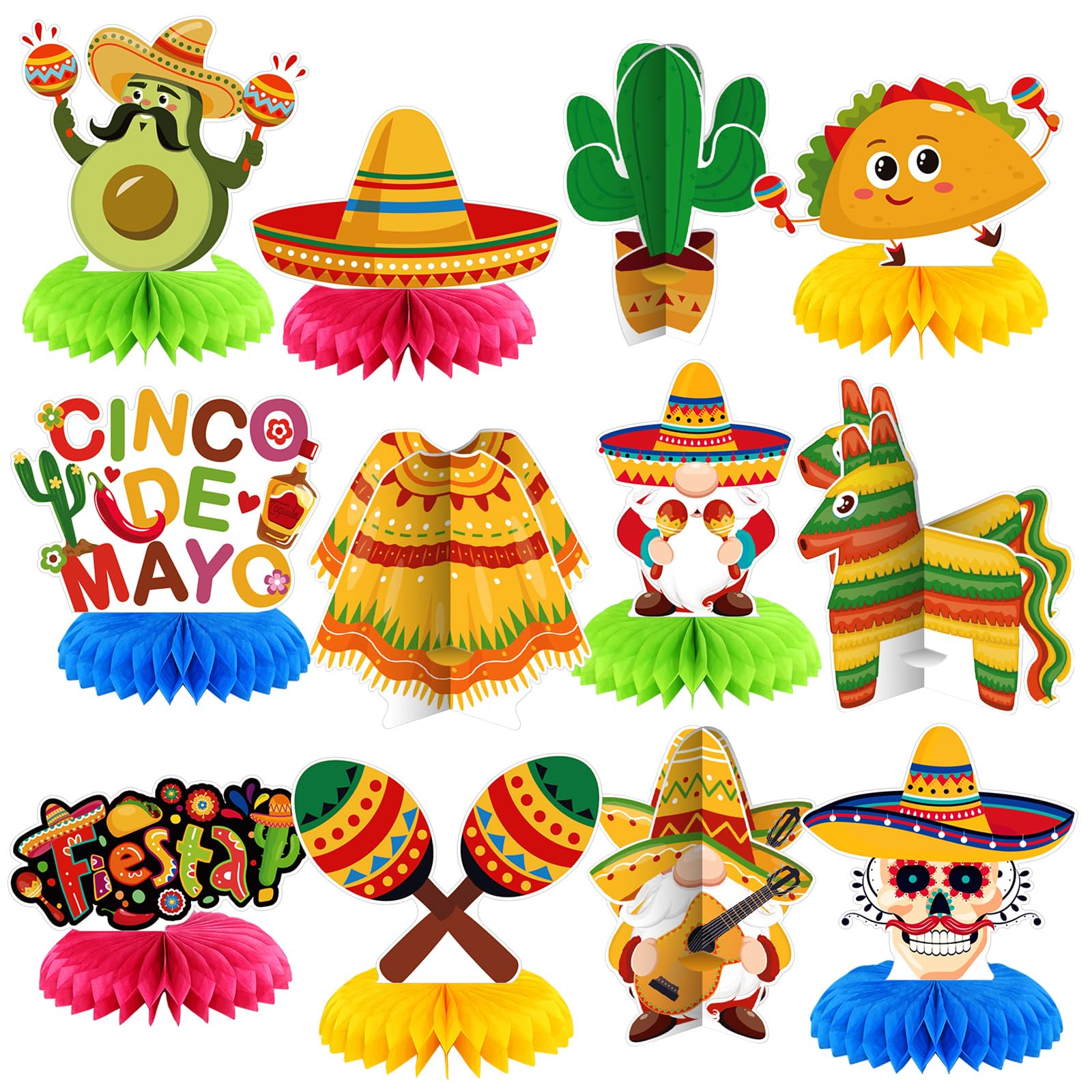 12 Pcs Cinco De Mayo Fiesta Honeycomb Table Centerpiece 7.3 Inch Mexican Party Decoration for Fiesta Mexican Themed Taco Party Birthday Day of The Dead Decor Supplies