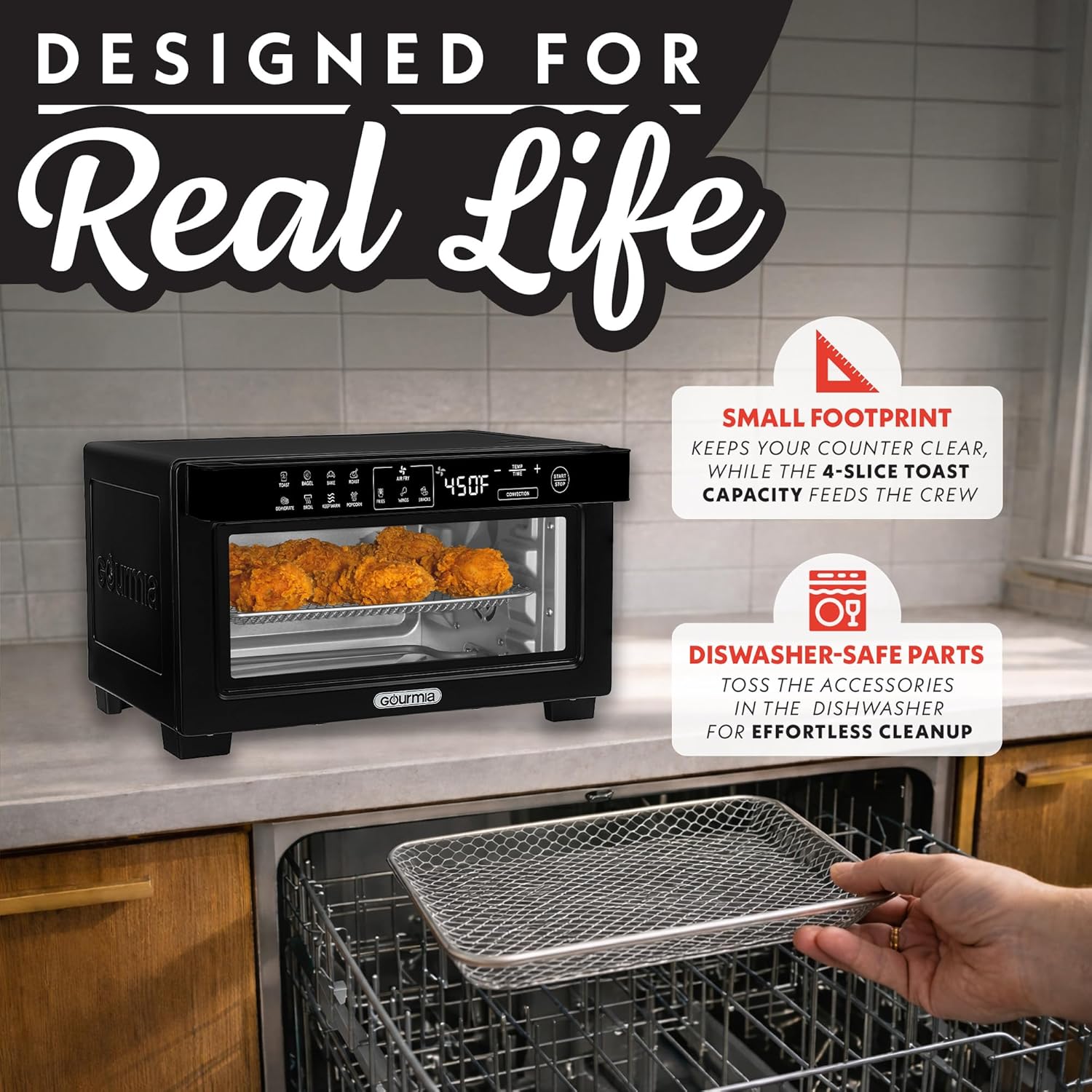 Gourmia Toaster Oven Digital Air Fryer - Convection Mode with 4 Slice Capacity, 3 Rack Positions, 12 Presets, Toast, Bagel, Bake, Roast, Broil, Dehydrate, Popcorn, Fits 9" Pizza, Black