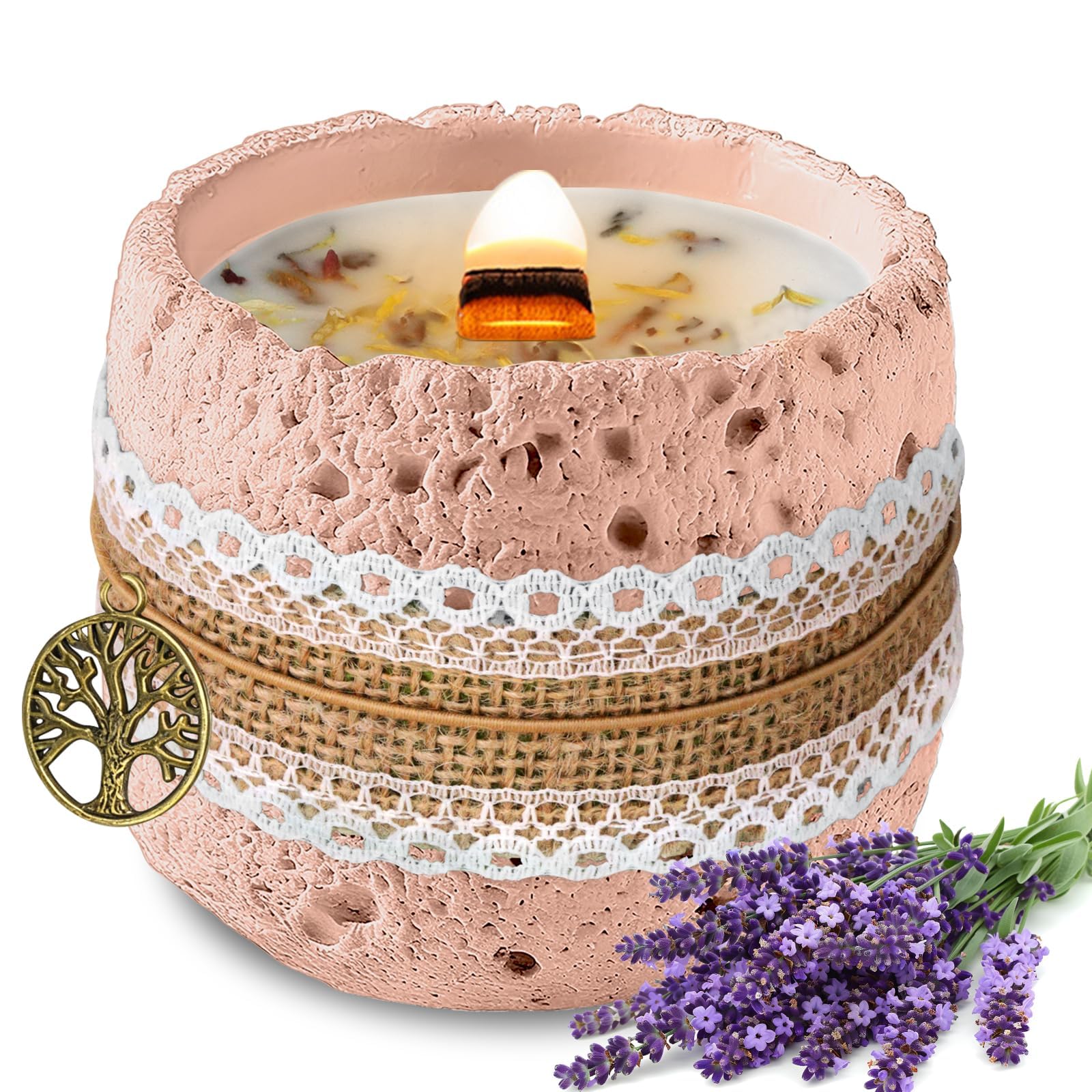 Iagoryue Women's Lavender - Pink Scented Candles 190G Luxury Lavender Citronella Candle With Crackling Wood Wick 43 Hour Slow Burning Organic Soy Wax Candle Gifts For Non-Toxic Home Aromatherapy Candle In Meteorite Jar