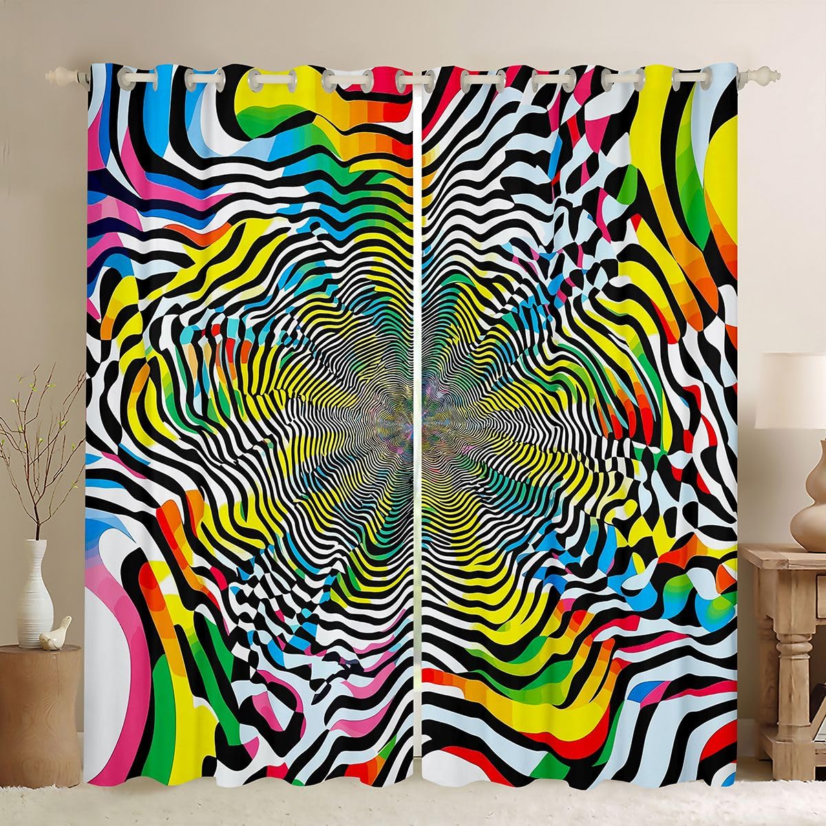 Rideau occultant 117x137 cm à rayures géométriques multicolores pour salon