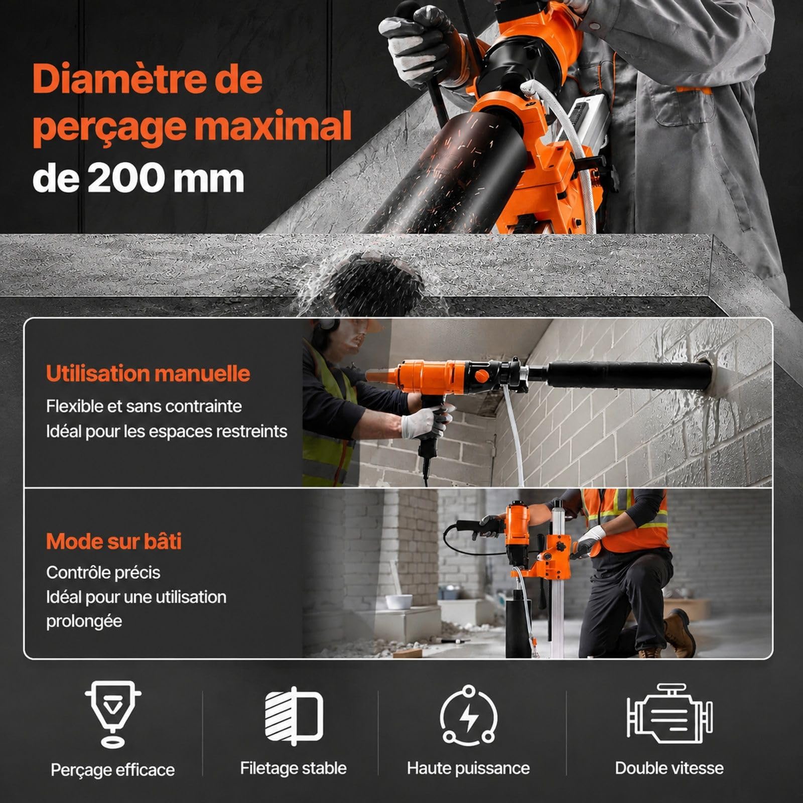 Carotteuse diamant 2 en 1, 1500 W, utilisation portative ou sur pied, 4 forets, 2 vitesses, pour béton, brique et pierre