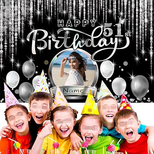 Miniatura 5 de Pancarta de decoración personalizada de feliz cumpleaños número 51, personalización disponible, negro y plateado, tamaño grande, compatible con