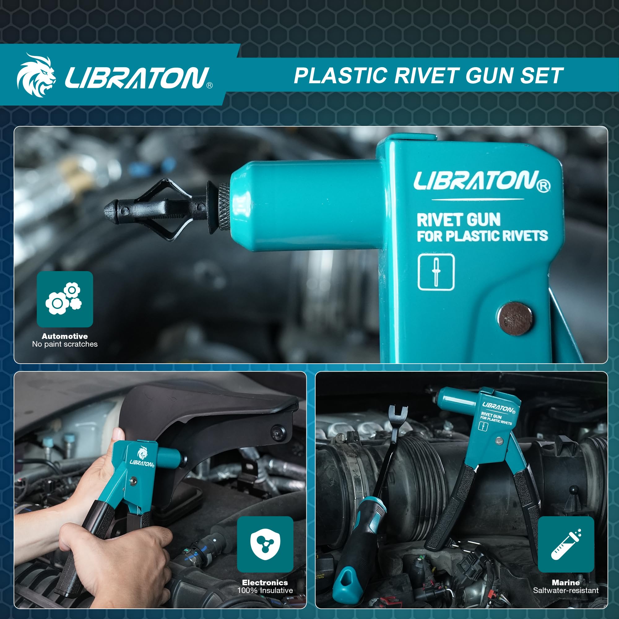 LIBRATON Kit de Pistolet à Rivets Plastique 90° avec 40 Rivets Nylon (4 Tailles), Outil de Retrait, Embout Universel pour Automobile, Ergonomique et 50% Moins d'Effort