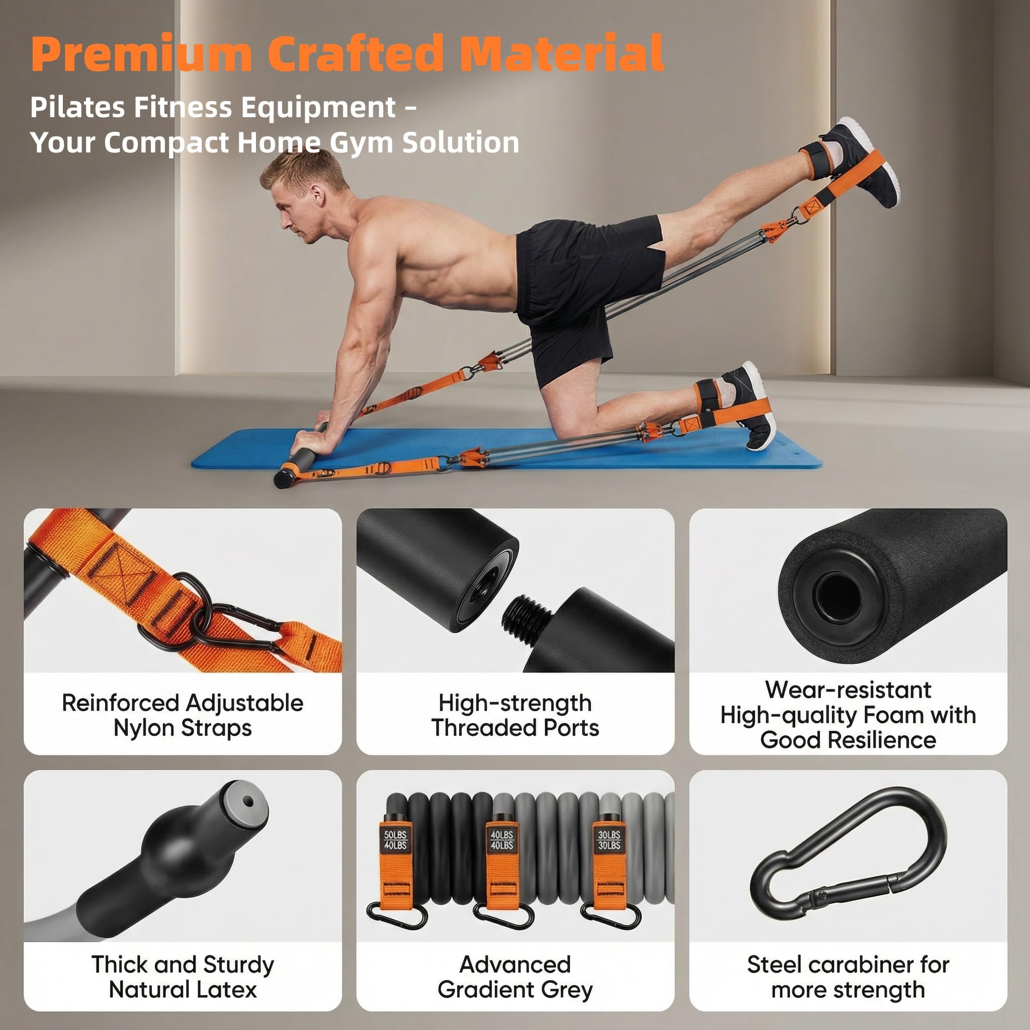 SOONHUA Kit Pilates en Casa, Barra de Pilates con 6 Bandas de Resistencia de Caucho Natural hasta 270 LBS, Equipo Multifuncional de 19 Piezas para Entrenamiento de Fuerza y Gimnasio Portátil