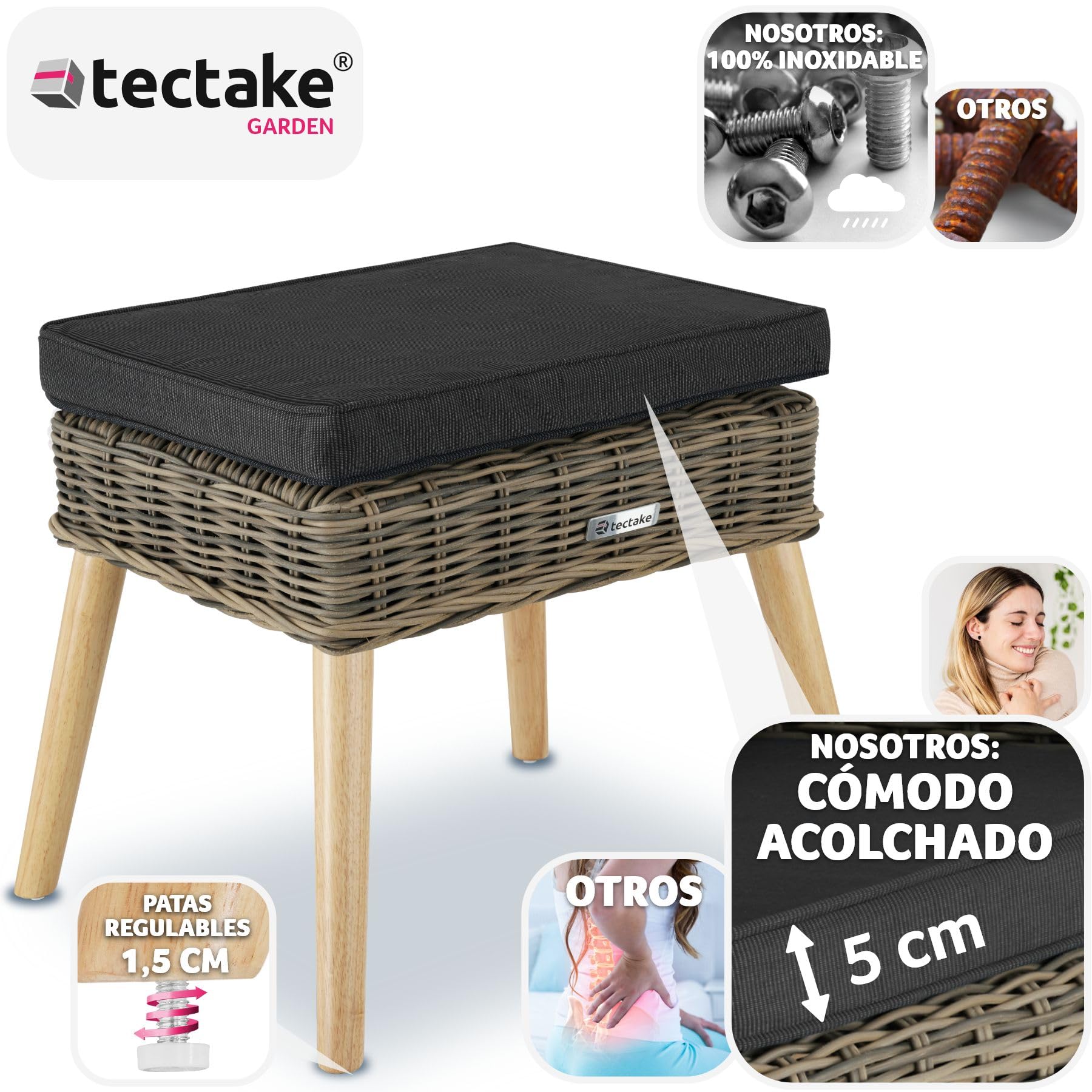 TecTake® Reposapies Salon de Ratán Sintético, Estructura de Aluminio, Funda Lavable, Patas de Madera Ajustables, Reposapies de Oficina, Ideal para tu Conjunto Jardin Exterior - Natural