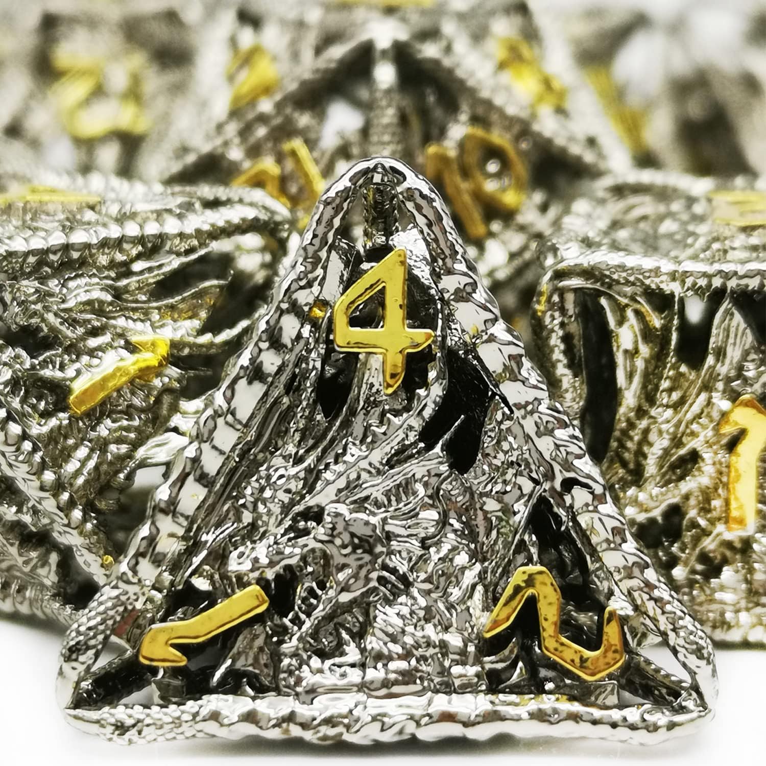 HAOMEJA Hollow Dragon Dice DND Metal Dice Set 7 Role Playing Dice D&D Dungeons and Dragons Dice (Silver)