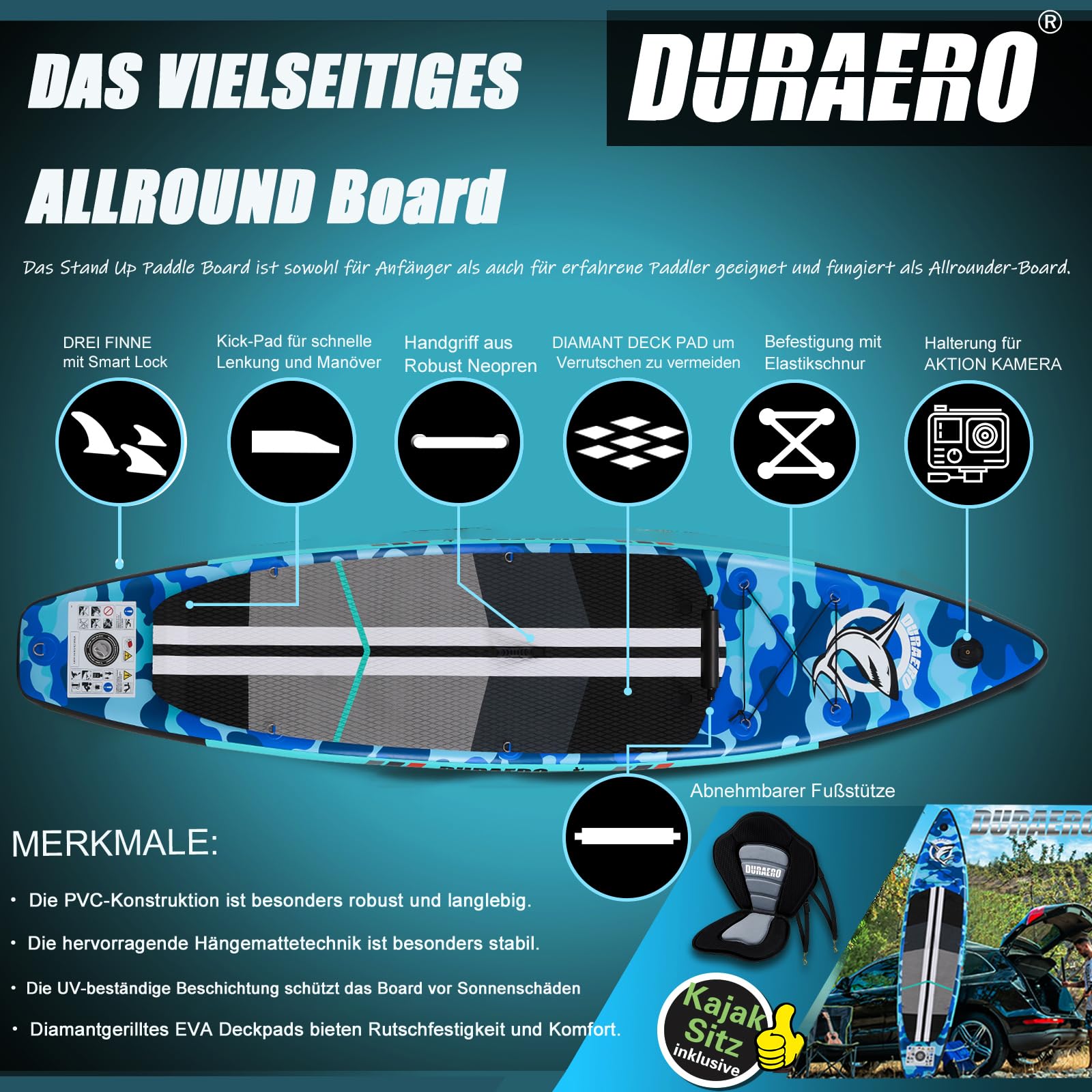 Stand up Paddling Board Aufblasbare, Kajak Sitz,330x76x15cm, Tragkraft bis 150Kg, Cam Halterung,Integrierte Kick-Pad, 3 Finnen, Verstellbares Doppel-Paddel, Komplettes Zubehör, Blaues Camouflage