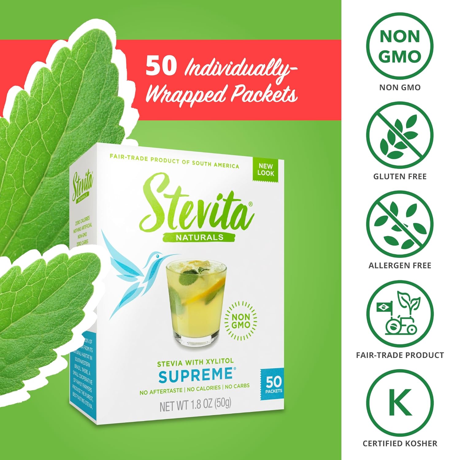 Stevita Stevia with Xylitol Supreme - 50 Packets, Pack of 4 - All-Natural Sweetener, No Calories - Non-GMO, Vegan, Kosher, Keto, Paleo, Gluten Free, Erythritol-free - 200 Total Servings