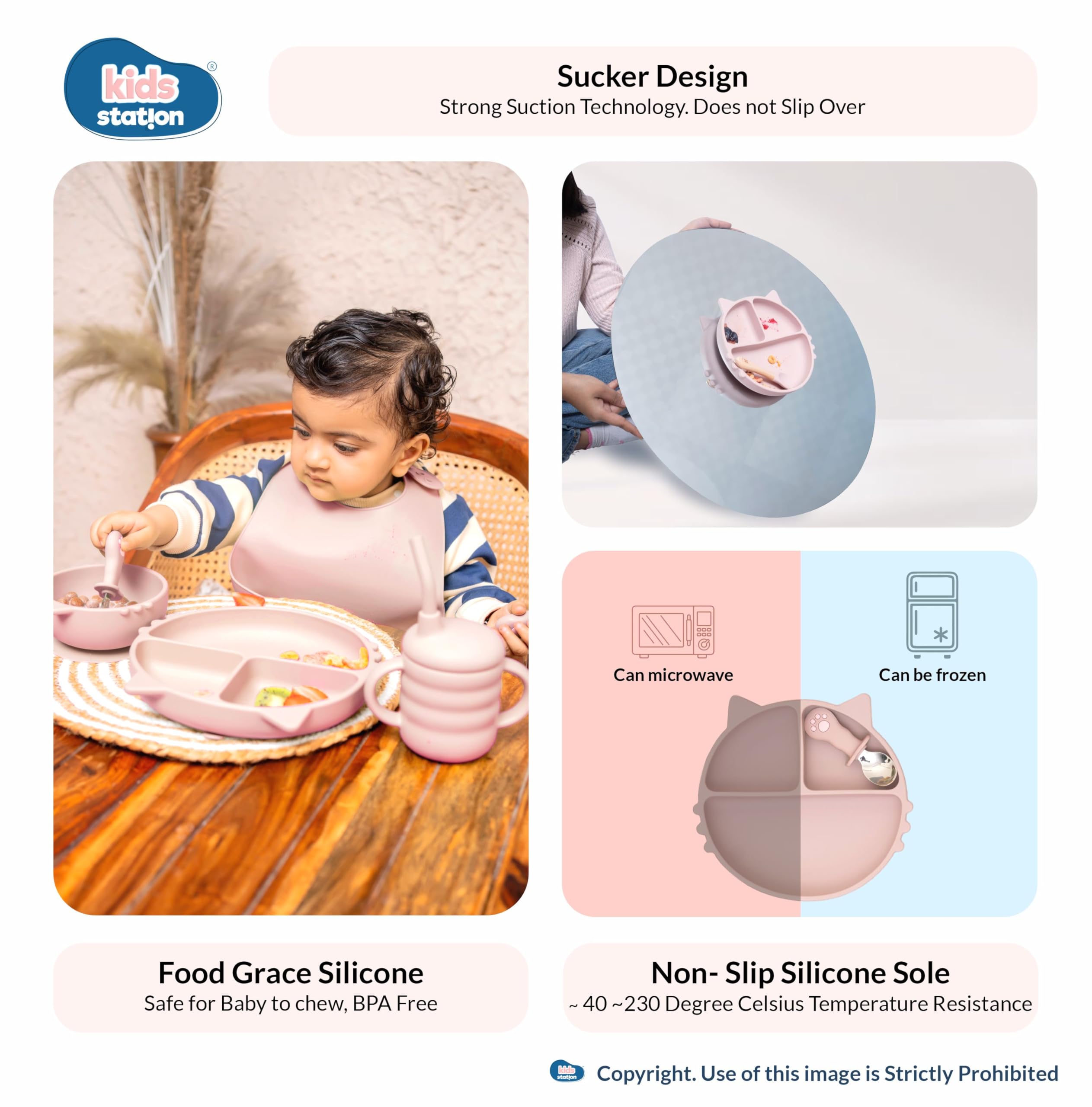 Kids Station 6 Piece BPA-Free Cat Shaped Silicone Baby Feeding Set - Baby Bib - Plate - Fork - Sipper - Spoon and Bowl - Microwave Safe - Unbreakable Eco-Friendly - Organic & Natural (Pink) 1