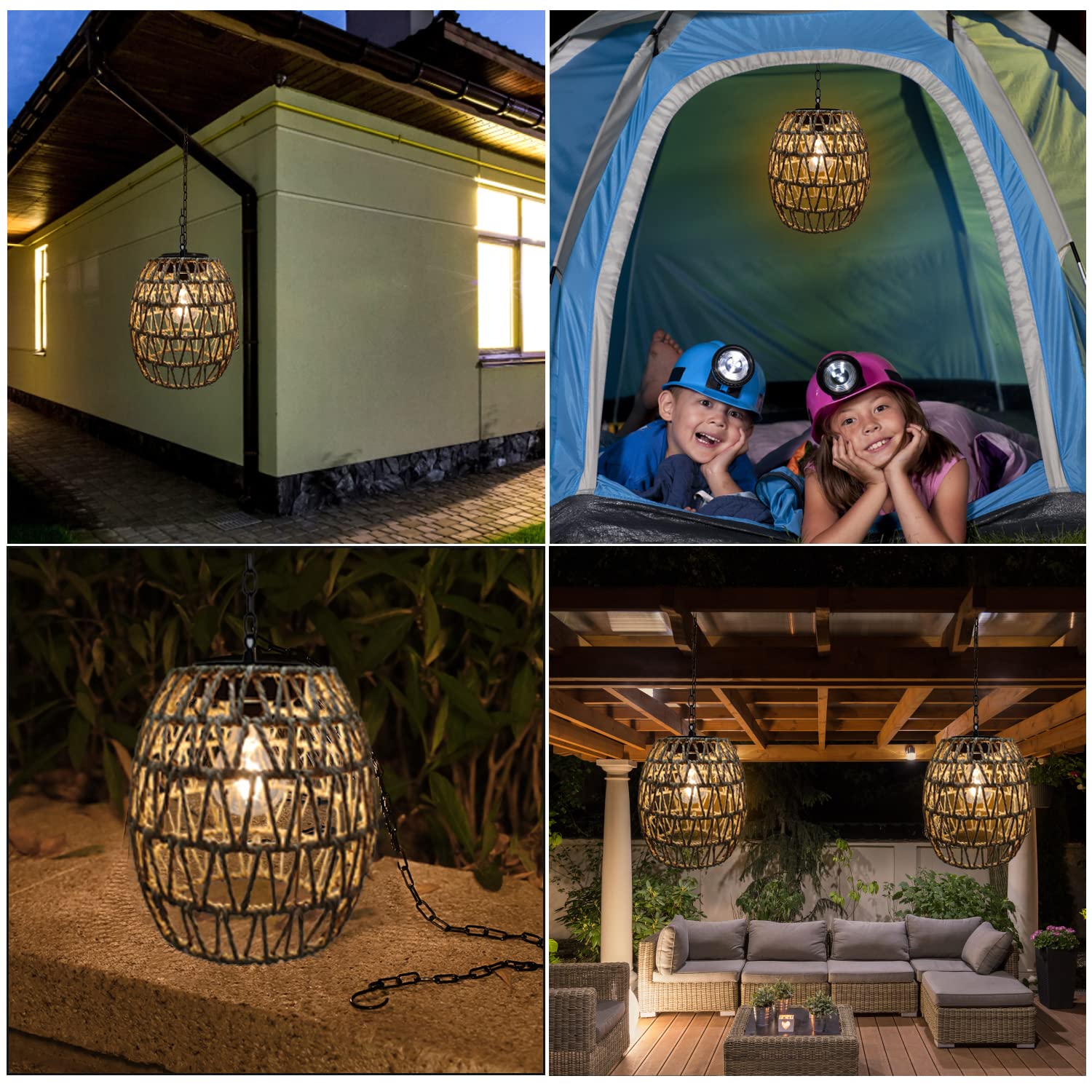 pearlstar Lampade solari da appendere per esterni, in rattan, con catena, lanterne per esterni, resistenti alle intemperie, decorazione boho per giardino, balcone, terrazza, cortile e tavolo