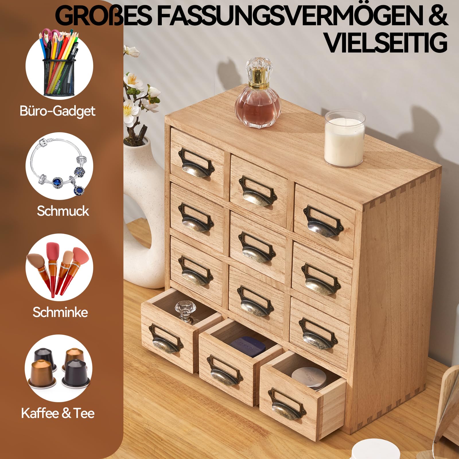 KIRIGEN Schubladenbox aus Paulownia-Holz, 12 Schubladen, Mini-Kommode mit Metallgriffen, Schreibtisch-Organizer für Kleinteile, Büro und Zuhause, 37,5 x 37 x 18,5 cm, Natur