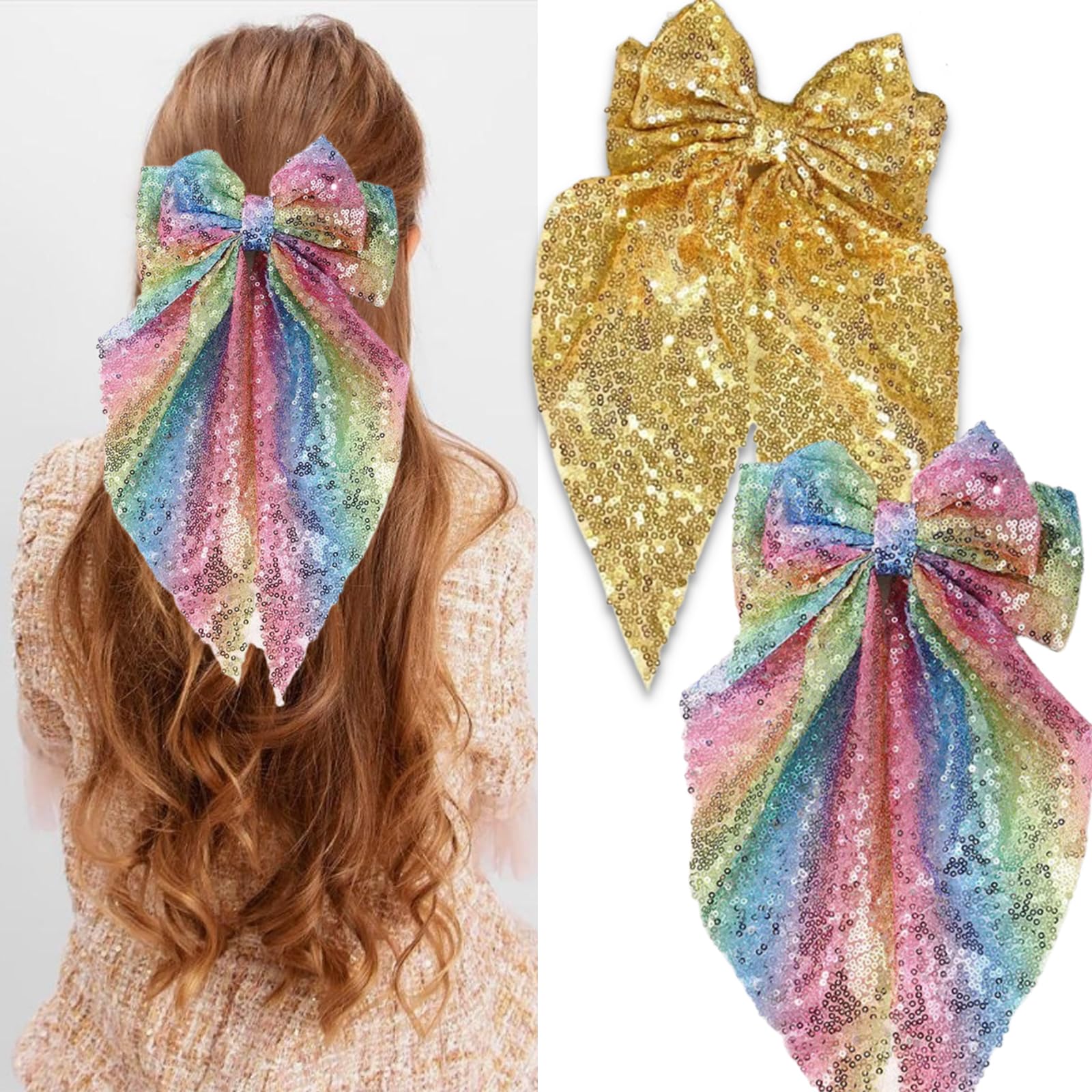 Glitter Hair Bows Sequin Big Clip 2 Pack for Women Girls Hair Accessories Amazon.com : 2Pcs Big Glitter Layered Hair Bows for Women  main image 2