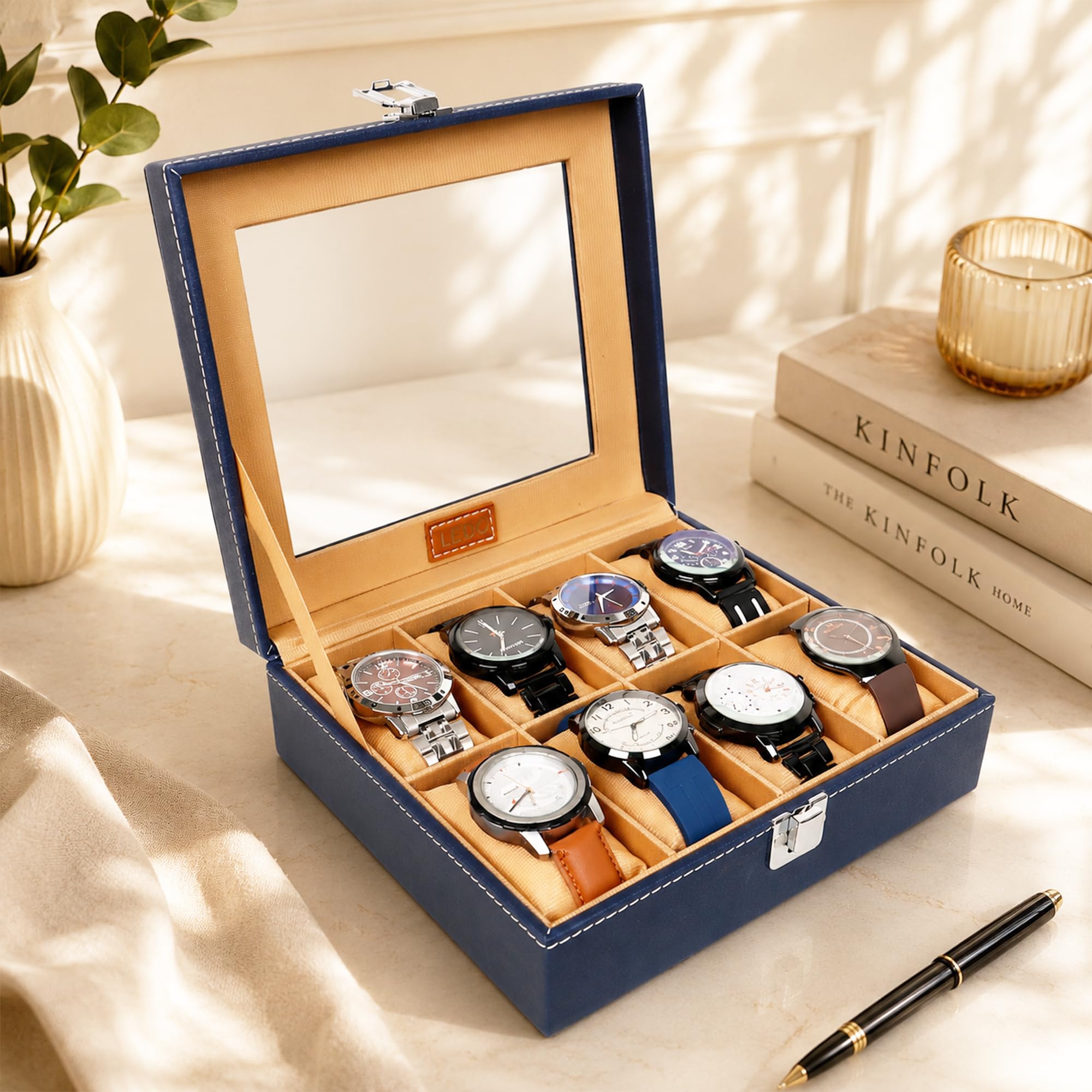 LEDO Luxury Watch Box Organizer with 8 Slots, PU Leather Case, Blue and Cream Interior, Transparent Display, Metal Clasp Lock, Rectangular Storage for Men and Women