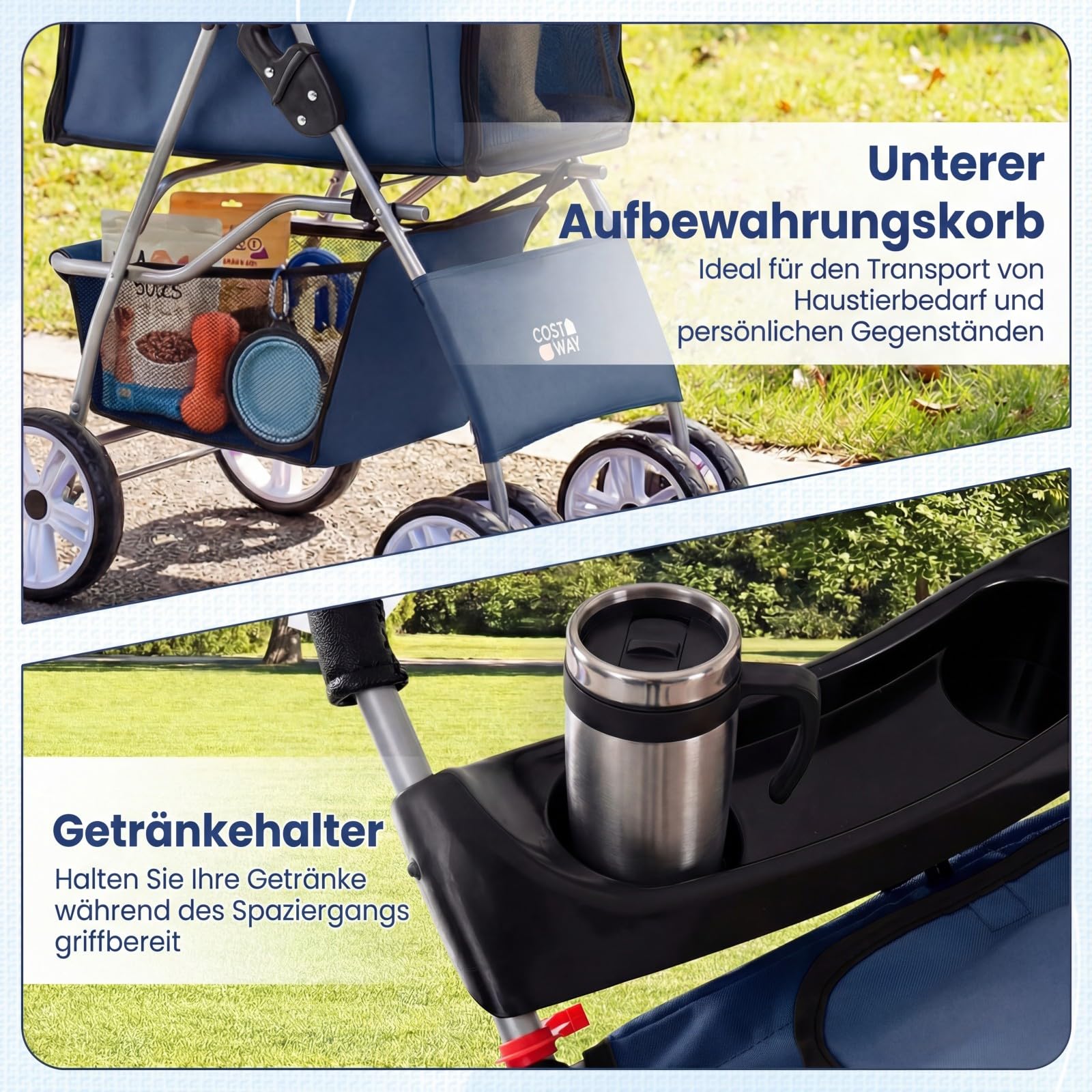 COSTWAY Hundewagen klappbar, Hundebuggy mit verstellbarem Vordach, Netzfenstern, Korb & Getränkehalter, Katzenwagen Haustierwagen, Haustierbuggy für Katzen Hunde bis 15 kg (Blau)