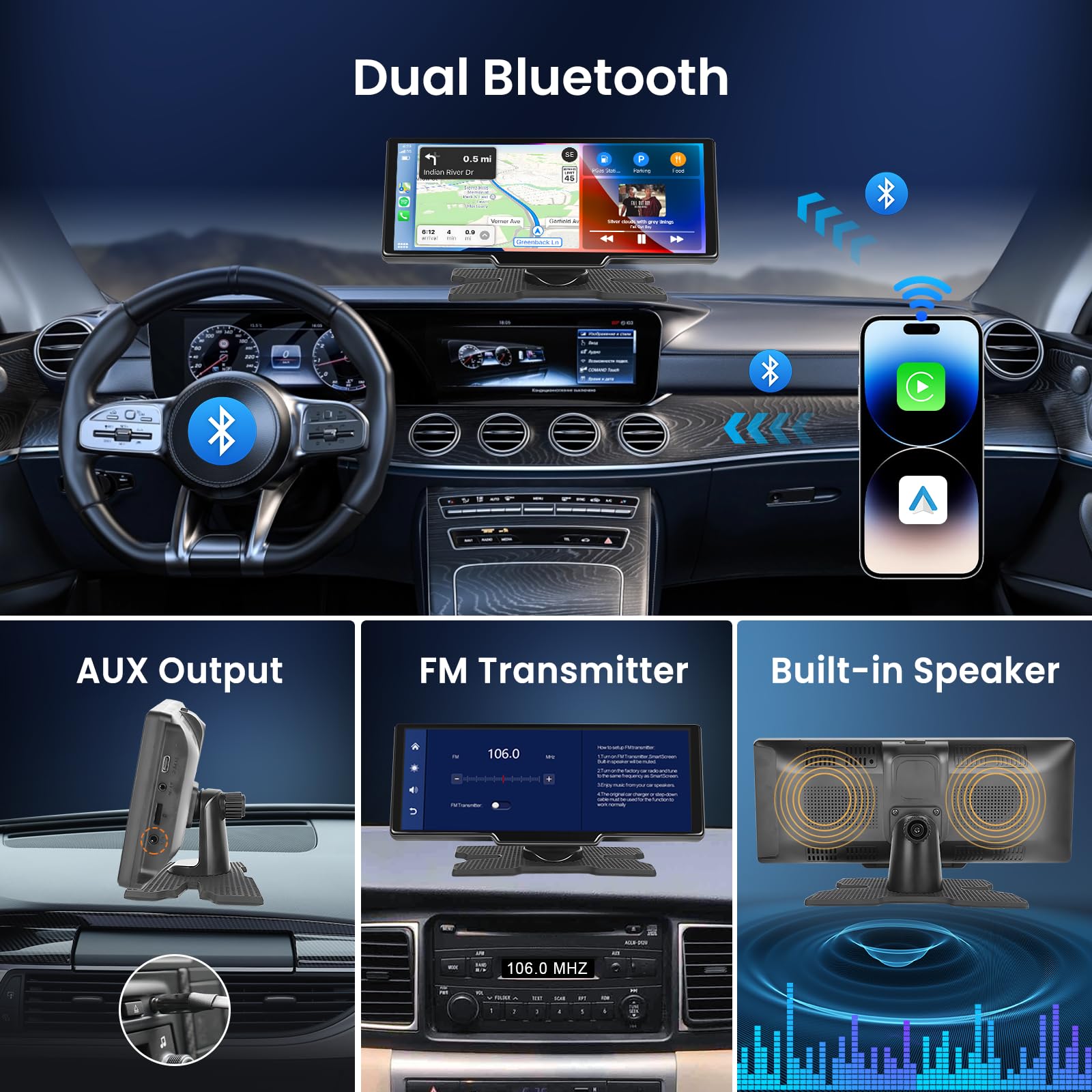 Podofo 10,26 Pollici Portatile Autoradio con Wireless Apple Carplay