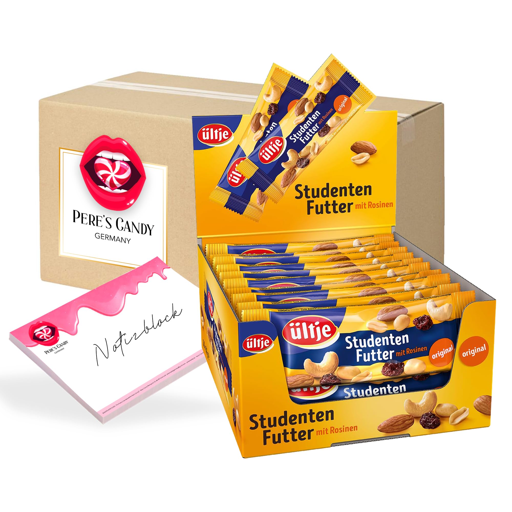 Pere's Candy Bundle für Ültje Studentenfutter Original 20 x 50 g (1 kg) + Pere's Candy Notepad DIN A7-25 Blatt