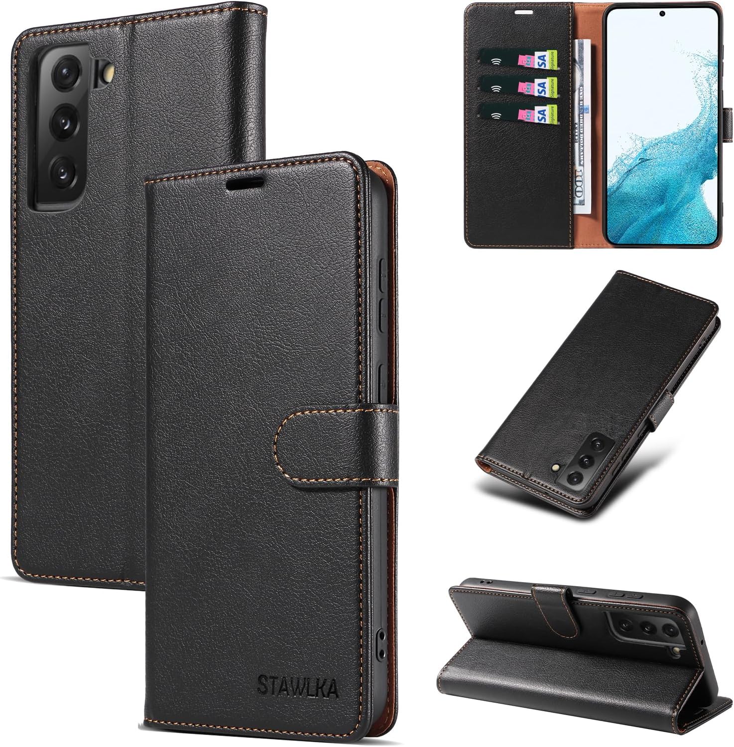 Case for Samsung Galaxy S22, Premium PU Leather Flip Magnetic Buckle Wallet Case Kickstand Blocking RFID Shockproof Protective Phone Cover for Samsung Galaxy S22 - Black