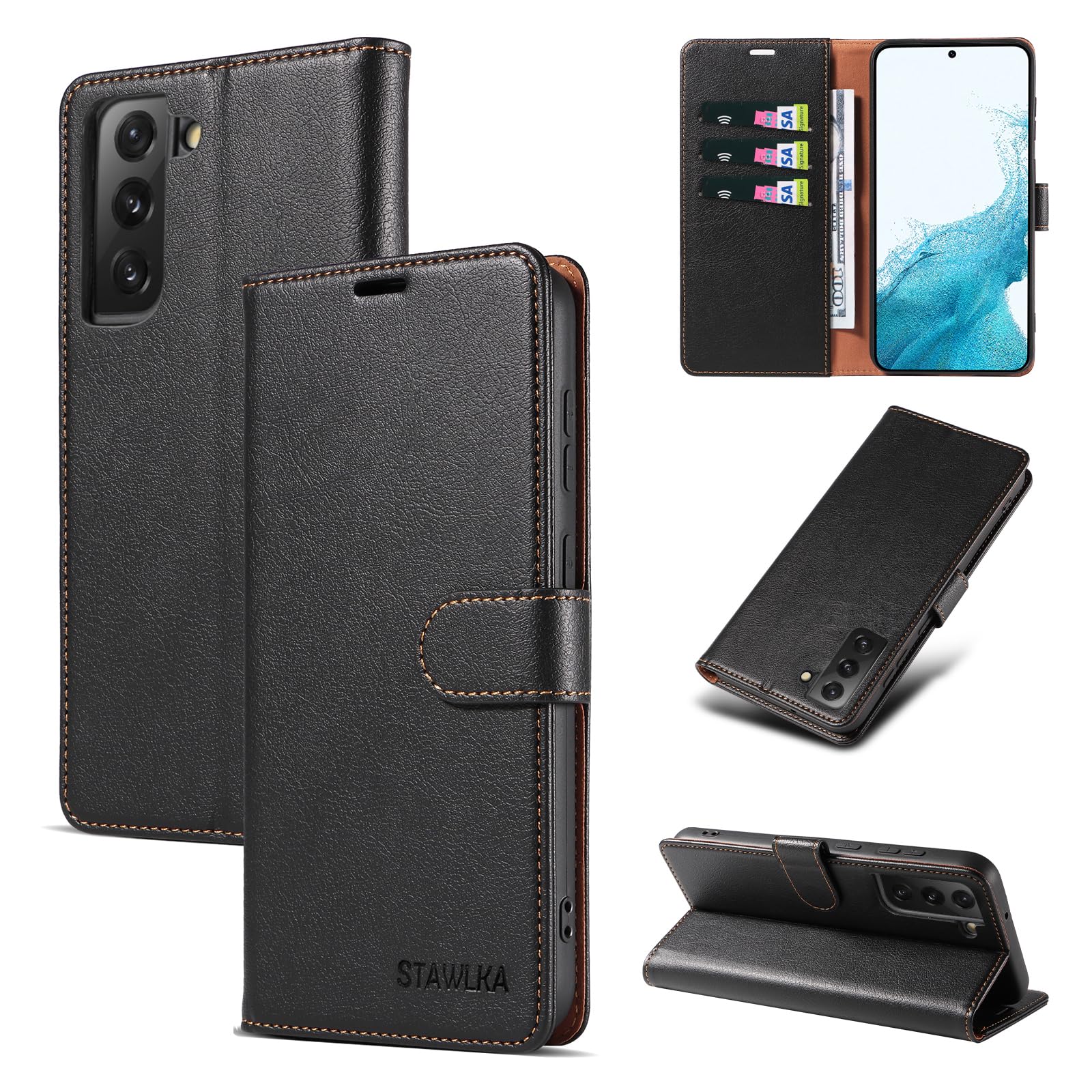 Case for Samsung Galaxy S22, Premium PU Leather Flip Magnetic Buckle Wallet Case Kickstand Blocking RFID Shockproof Protective Phone Cover for Samsung Galaxy S22 - Black