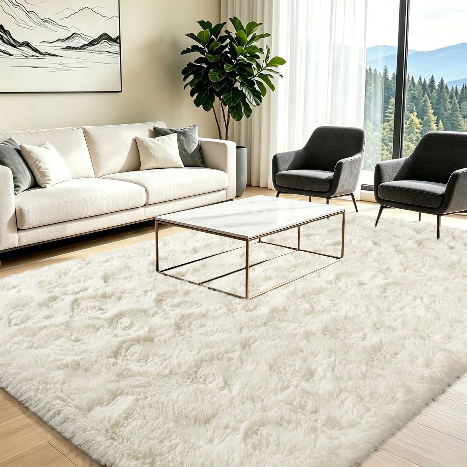 Hochflor Teppich Wohnzimmer Groß 160x230cm Flauschig Creme | Anti-Rutsch Unterseite Weich Teppiche Waschbarer Modern Shag Carpet Matte für Kinderzimmer Schlafzimmer