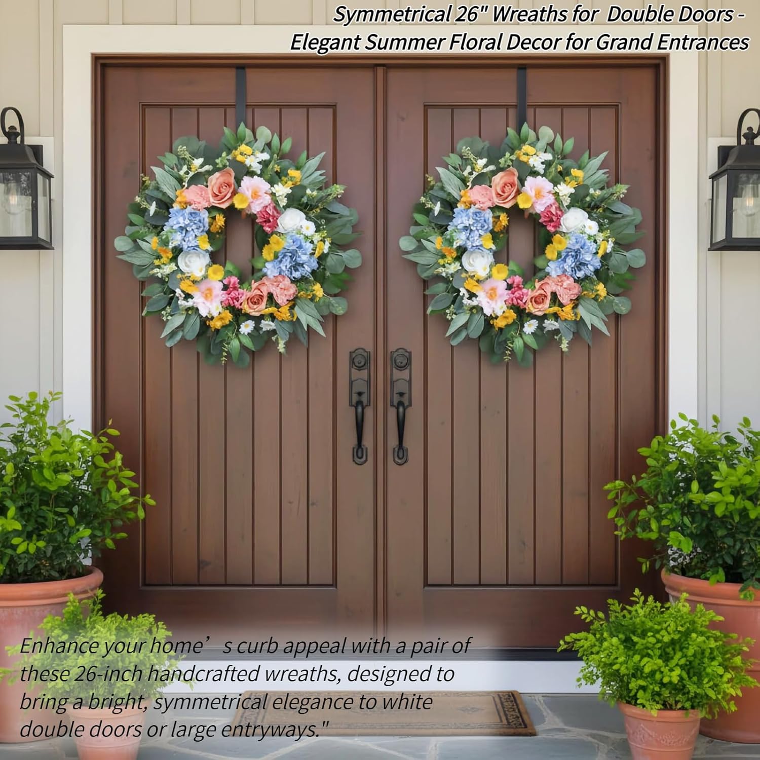26" Artificial Spring Wreath for Front Door - Large Silk Hydrangea Daisy Rose Mixed Floral Wreath - Farmhouse Porch Wall Decor, Easter Mother's Day Decoration (Multicolor)