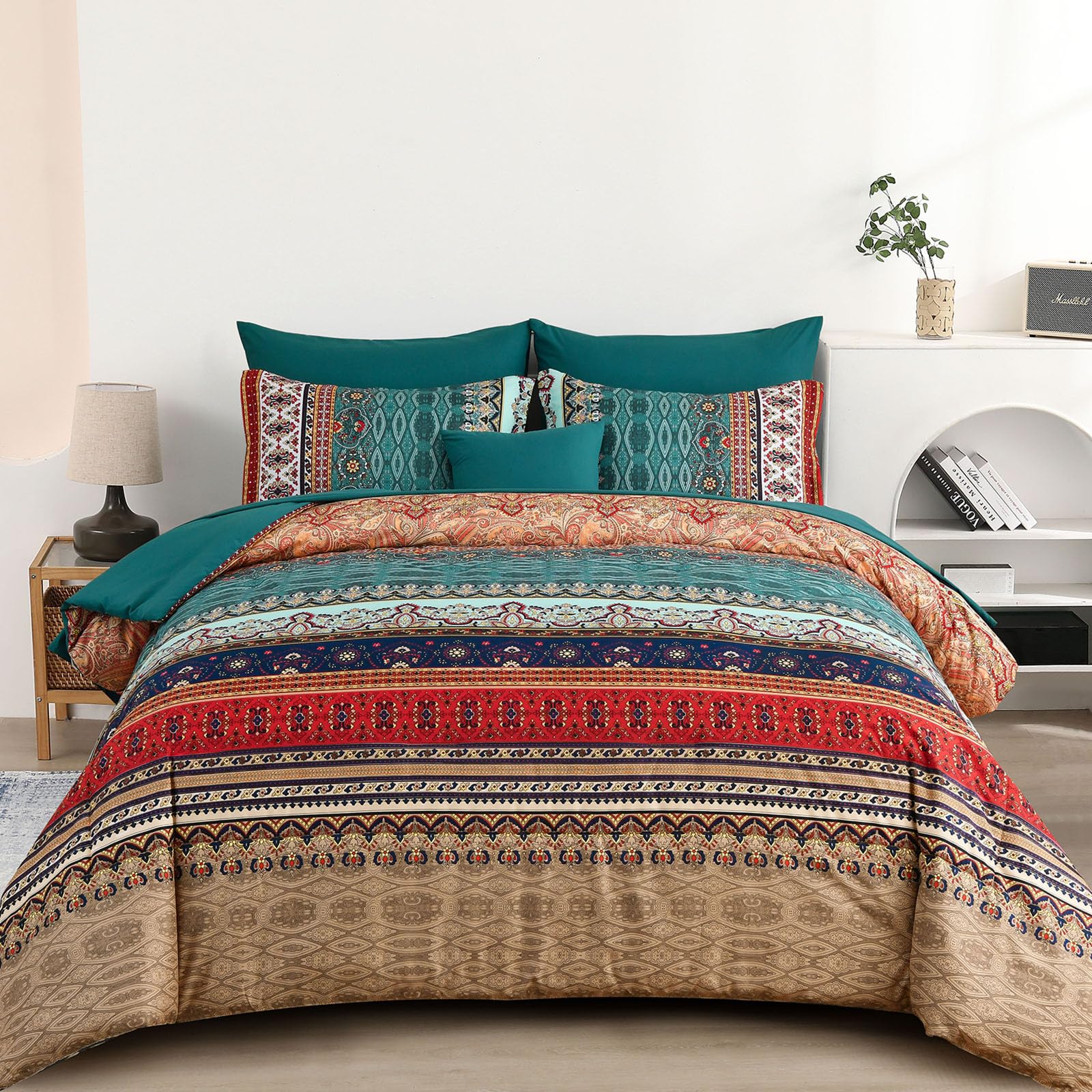 Cottolester Boho Full Size Comforter Set 8 Pieces,Green and Brown Bohemian Striped Bed in a Bag,Floral Soft Microfiber Bedding Comforter Set