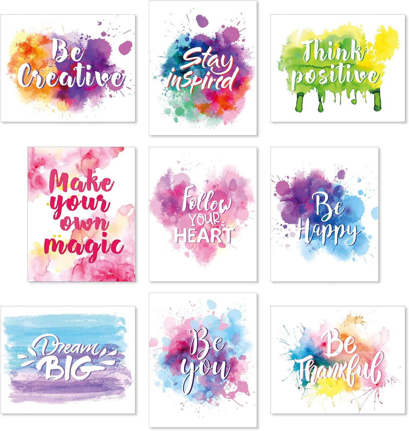Outus Set of 9 Watercolor Inspirational Wall Art Prints Abstract Paint Motivational Quote Phrases Posters for Living Room Office Classroom Kids Room Decoration 8x10inch Unframed
