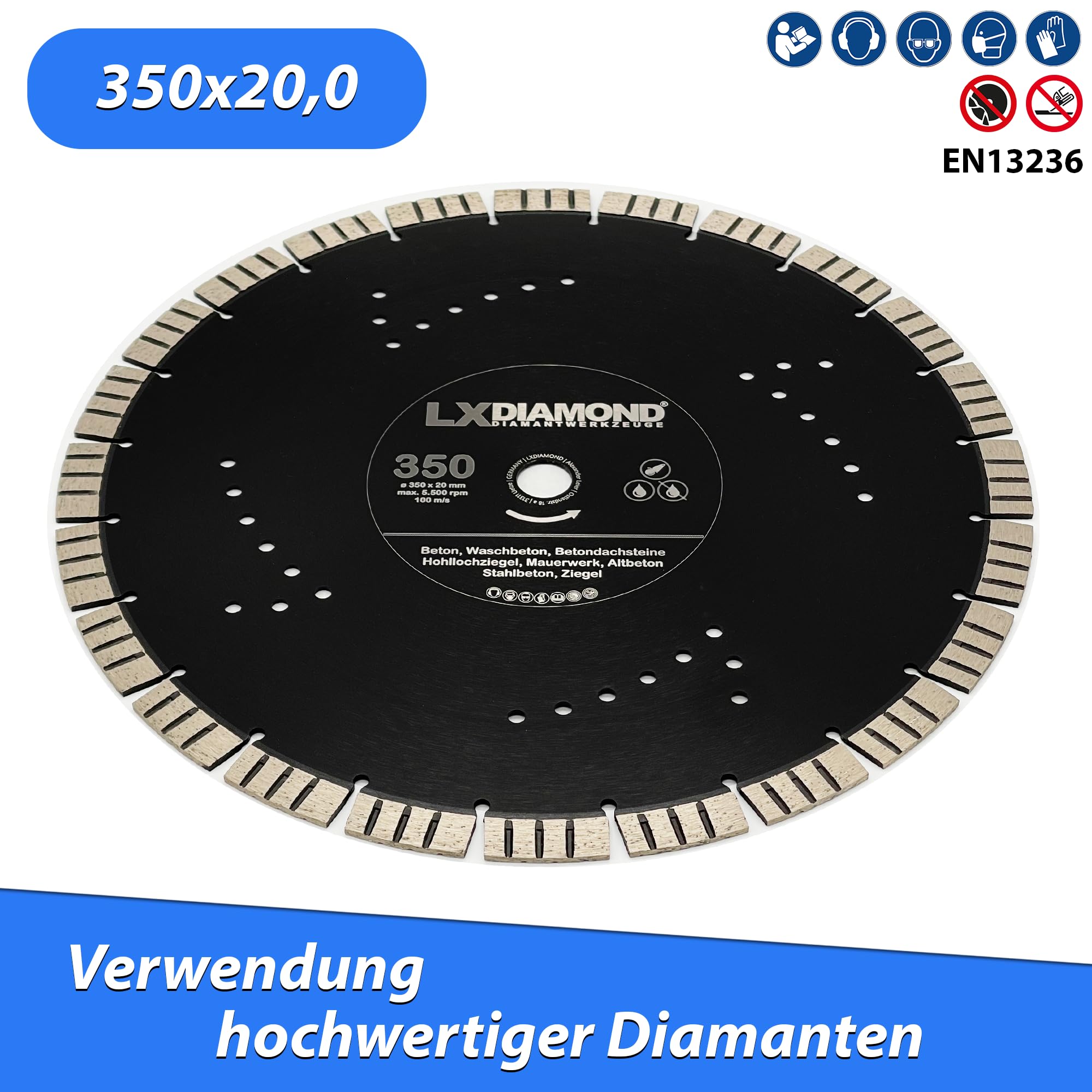 Diamant-Trennscheibe 350mm x 20,0mm Premium 15mm Segmente passend für Beton Stahlbeton Waschbeton Universal Diamantscheibe für Winkelschleifer Trennjäger 350 mm