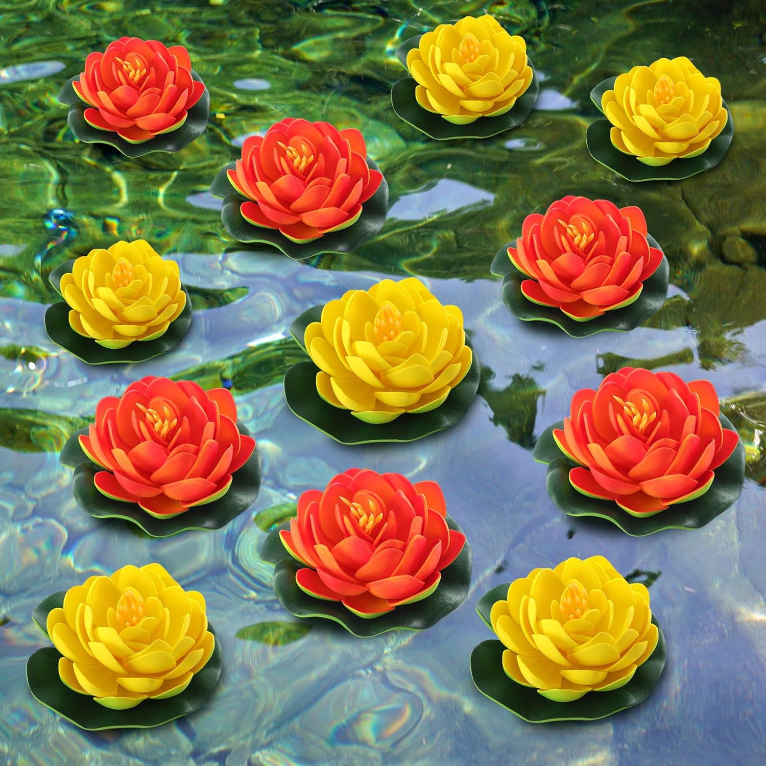 32pcs Diwali Lotus Flower Decor Artificial Floating Lotus Flowers with Lily Pads - Return Gifts for Pooja, Diwali Pooja Bulk Indian Decor Return Gifts, Floating Water Fountain(Orange,Yellow)