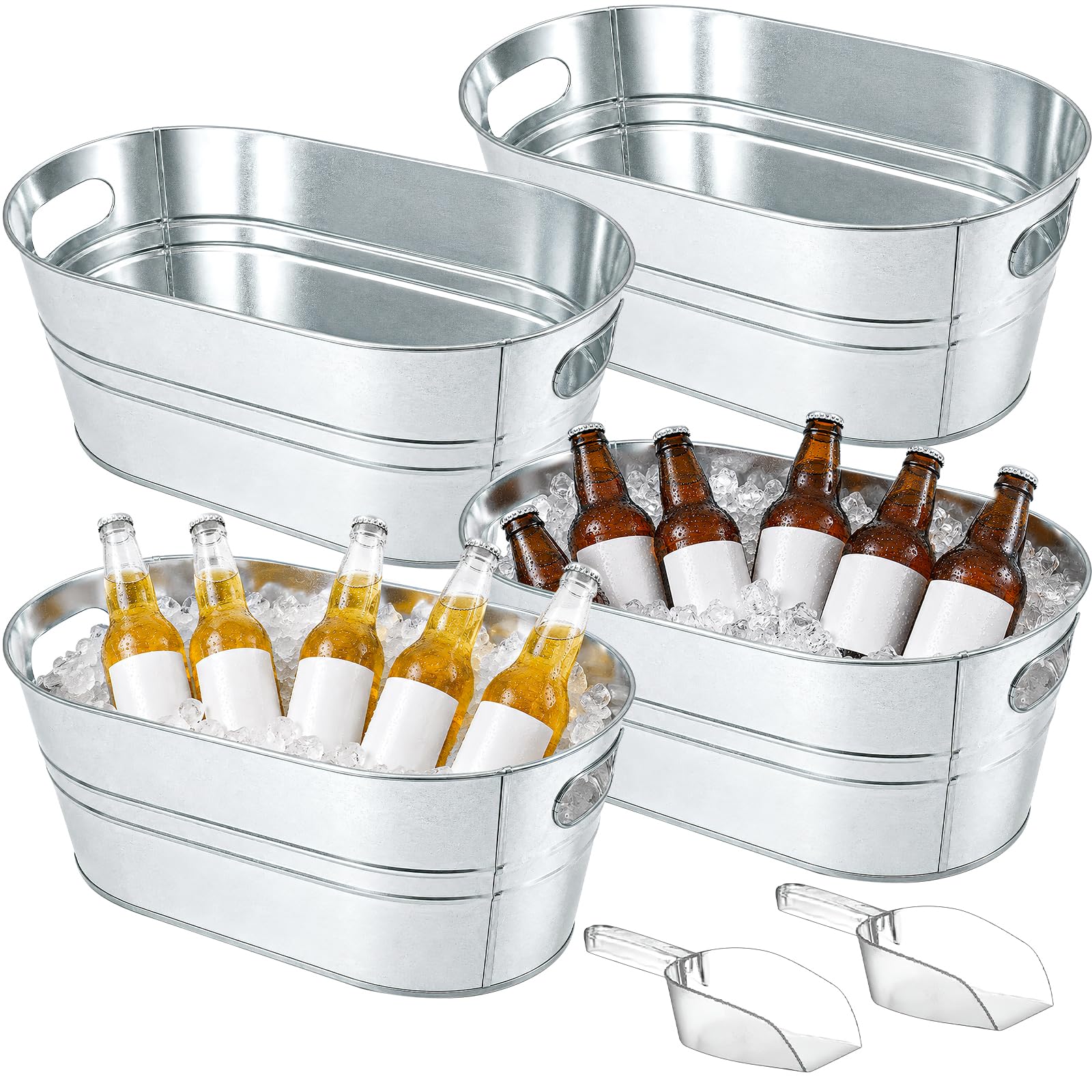 4 Pack 11L Ice Buckets, Galvanized Metal Beverage Tubs with Handles and Scoops for Champagne Beer Cocktail, Large Oval Drink Storage Cooler Chiller for Wedding Outdoor Parties Mimosa Bar Supplies