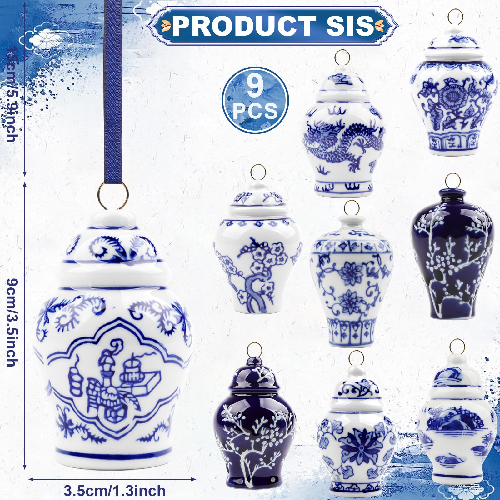 YiYa 9 Piezas Colgantes para árboles de Navidad Bolas Navideñas Azules y Blancas Adornos Navideños de Cerámica para la Decoración de Fiestas Navideñas