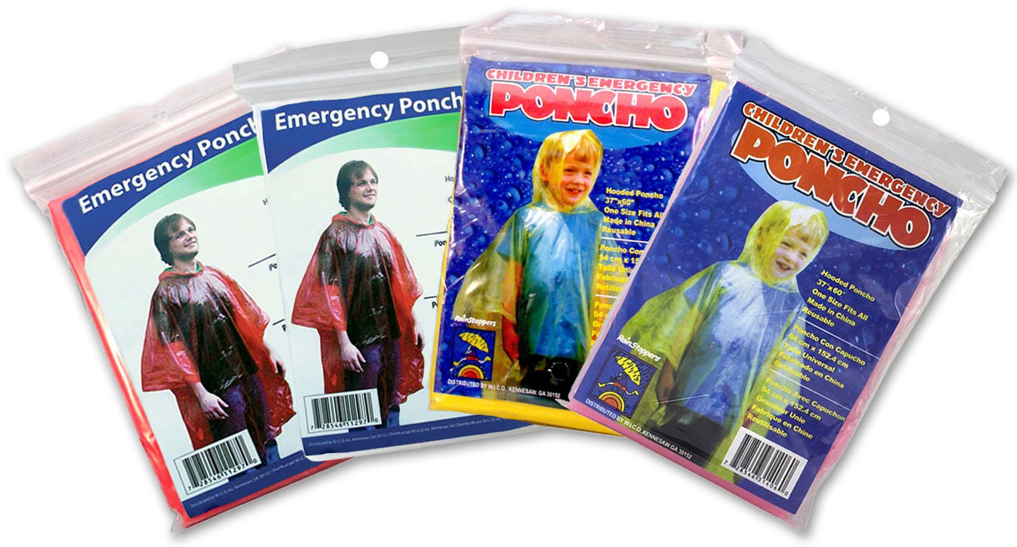 RainStoppers 2 Adult Emergency Ponchos and 2 Children Emergency Ponchos