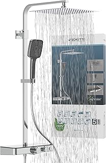 Schütte OCEAN Duschsystem mit Thermostat und Glasablage-Duschset mit 30x30cm, Regendusche mit Wandhalterung und Duschkopf-Duschpaneel Duschsäule in Chrom/Anthrazit 60531