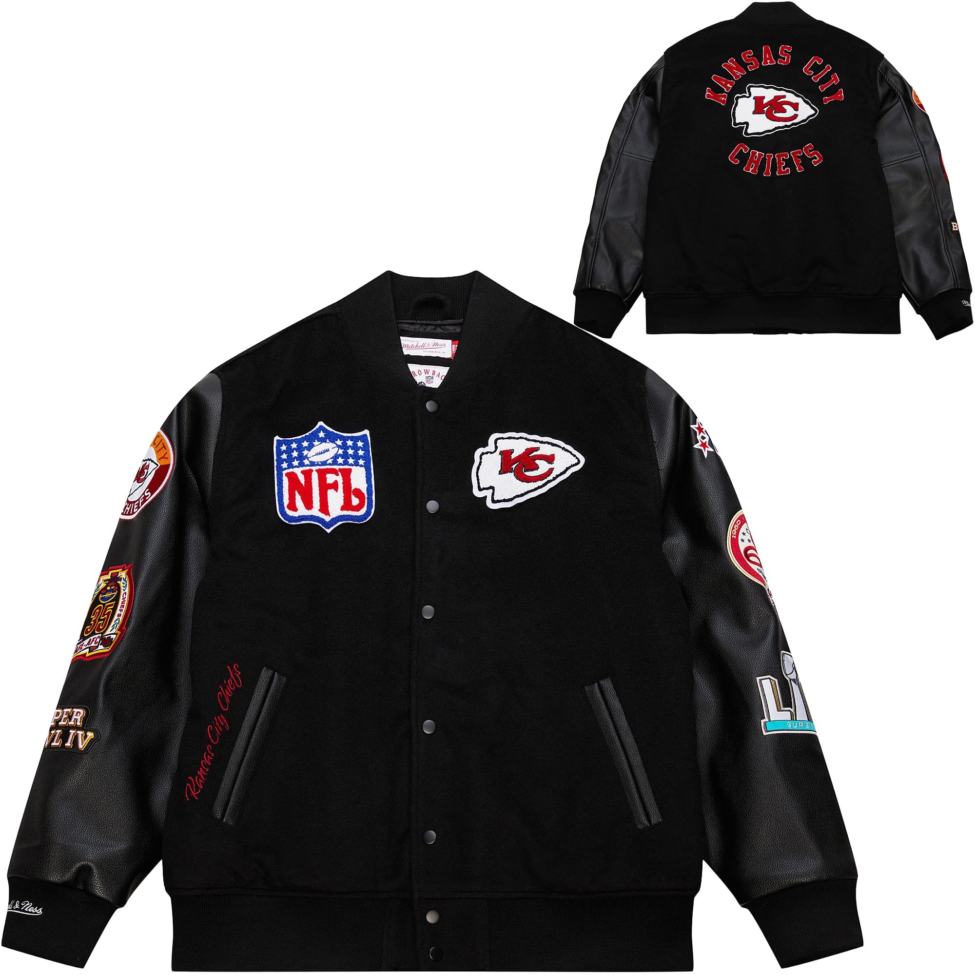 Mitchell & Ness NFL Blackout Giacca college retrò | Misto lana-poliestere | Maniche in PU | Toppe e ricami di alta qualità su petto e maniche | Polsini a coste su colletto, maniche e orlo