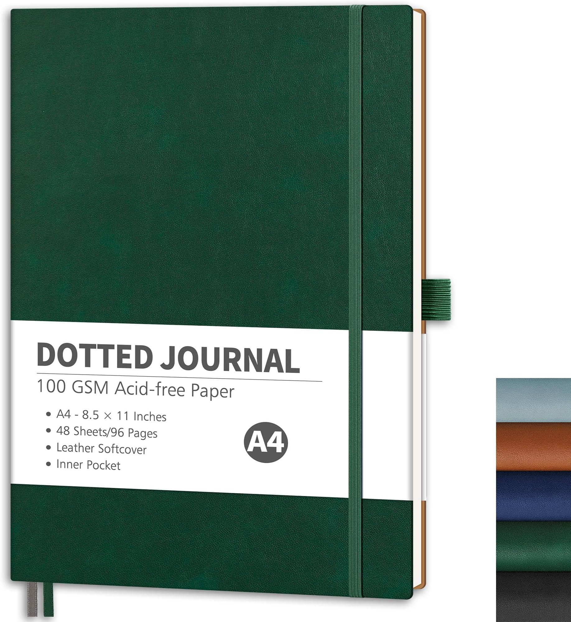 RETTACY Dotted Journal Notebook, 96 Pages, A4 Large Size (8.5'' x 11''), Leather Softcover, 100 GSM Thick Paper, for Journaling, Planning, Tracking (Dark Green)