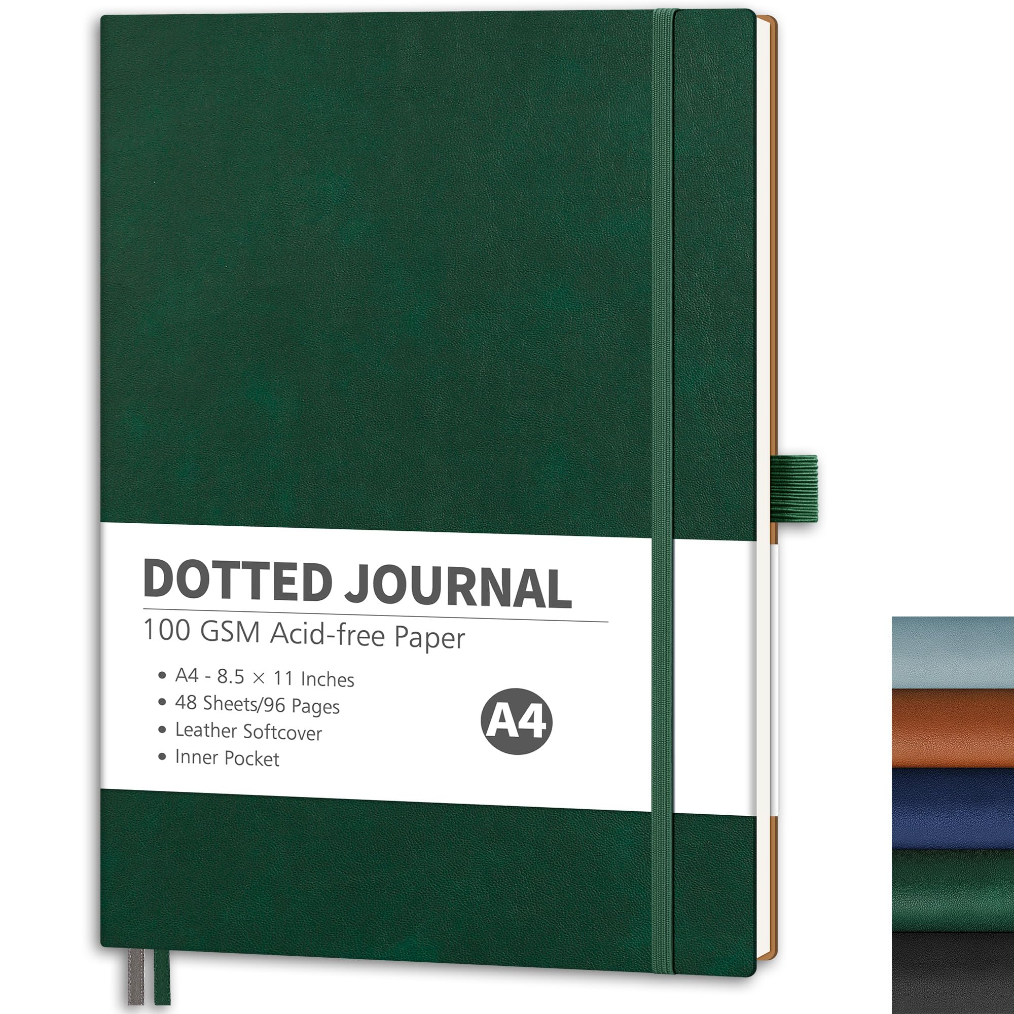 RETTACY Bullet Dotted Journal Notebook, 96 Pages, A4 Large Size (8.5'' x 11''), Leather Softcover, 100 GSM Thick Paper, for Bullet Journaling, Planning, Tracking (Dark Green)