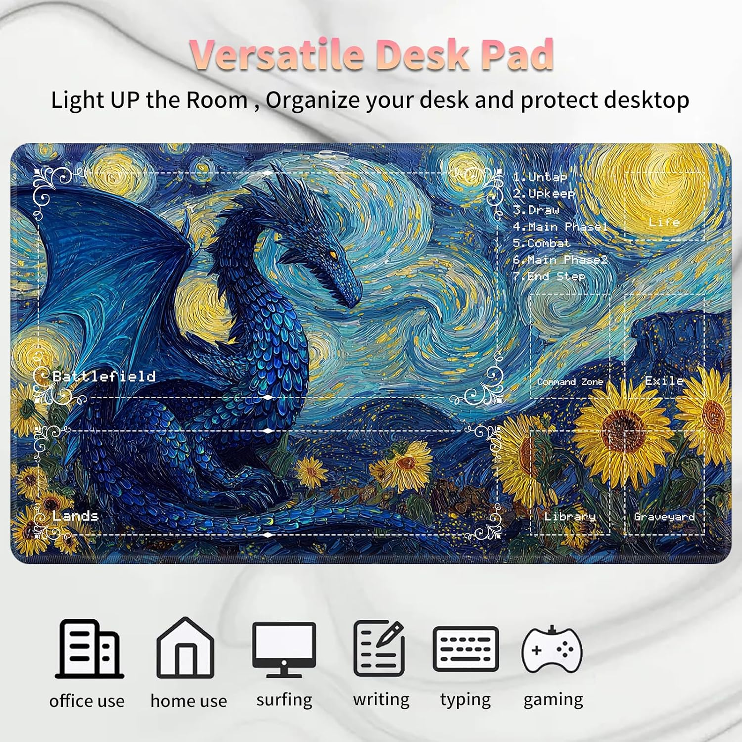 Playmat for MTG with Zones (2 Pack), Card Game Mat Non-Slip Rubber Base and Stitched, 24 x 14 inch TCG Play Mat for MTG and Other Card Games, Sunflowers Blue Dragon