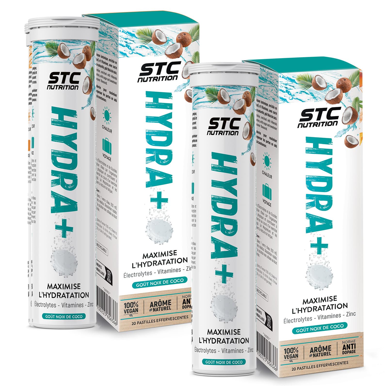 STC NUTRITION - Hydra+ - Préparation pour boisson isotonique à base d'Électrolytes, Vitamines, sucre et édulcorant naturels - Optimise l'hydratation - Coco - Lot de 2