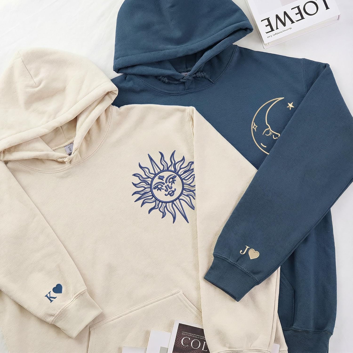 Custom Matching Couple Hoodie Set Embroidered Sun and Moon Design – Gift for Anniversary Valentine Birthday - Image 2