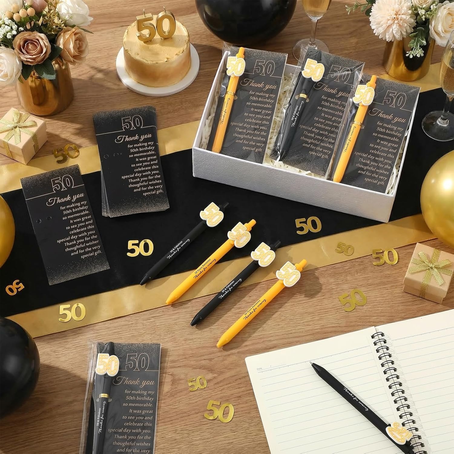 Feifeiya 50 Set 50th Birthday Party Favors for Guests Include Black and Gold Ballpoint Pens Thanks for Coming Pens with Thank You Cards Anniversary Party Favor for Men Women Wedding Appreciation Gifts