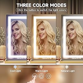 Hasipu Vanity Mirror with Lights, 32 x 20 LED Makeup Mirror, Lighted Makeup Mirror with Dimmable 3 Modes, Touch Screen Control Vanity Mirror Square Gold