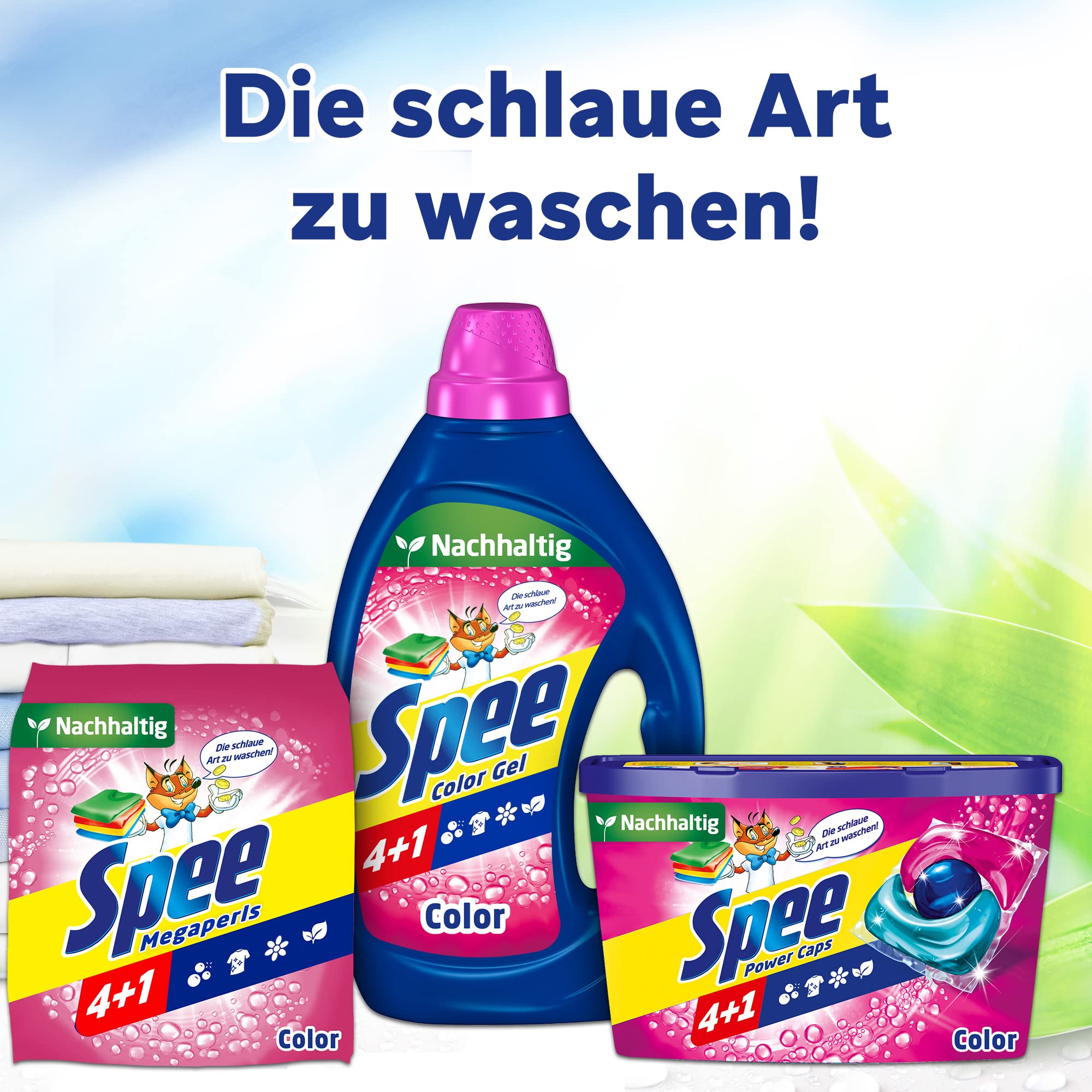 Spee Aktiv Gel Color 4 + 1 Waschmittel 300 WL (6 x 50 Waschladungen), Flüssigwaschmittel mit 4 + 1 Formel vereint Reinheit, Strahlkraft, Frische & Nachhaltigkeit, 20° - 60° C