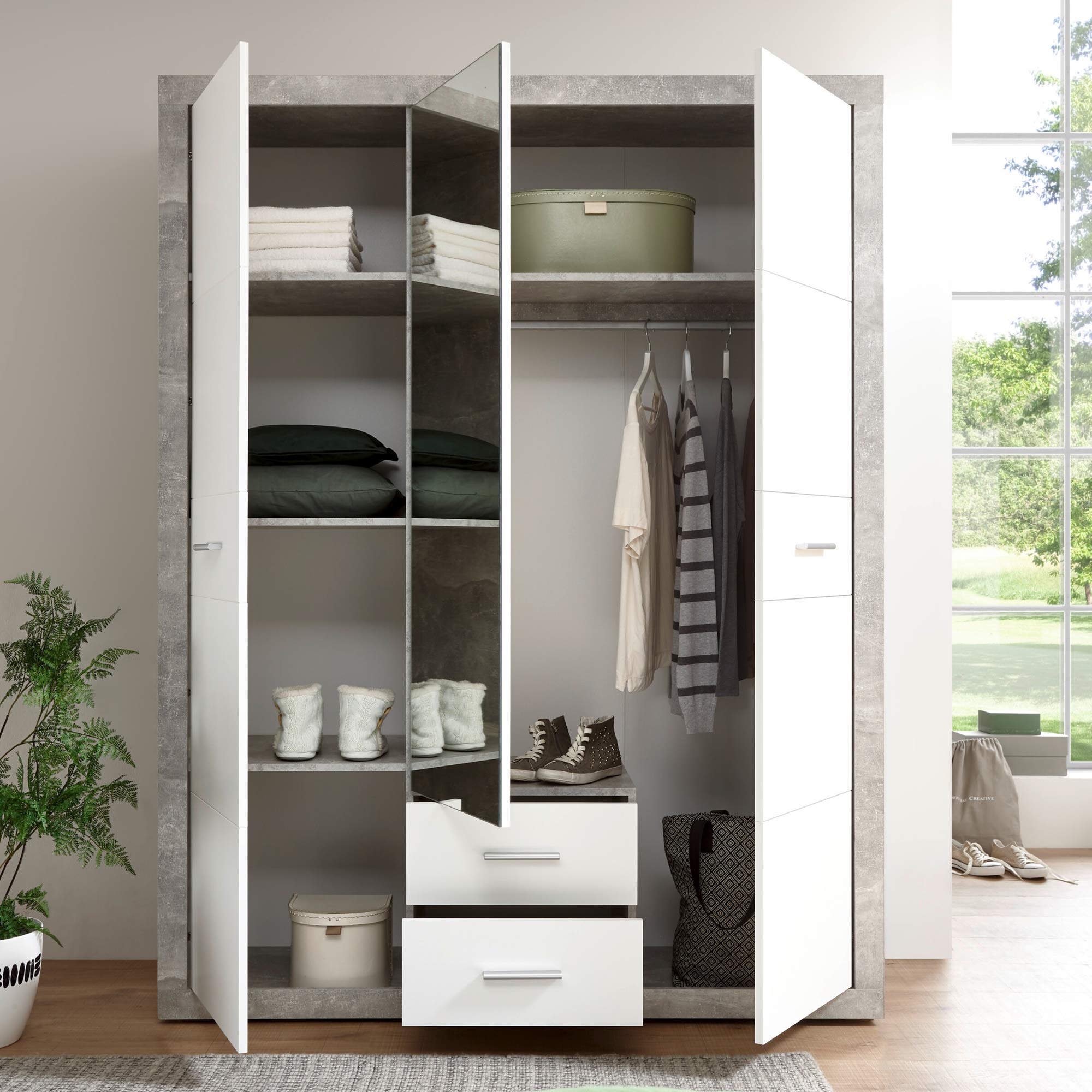 STONE Kleiderschrank Schrank Drehtürenschrank Beton-Optik Weiß mit Spiegel | 151 x 198 x 55 cm (B/H/T), Schlafzimmer, 3 Türen, Kleiderstange, inklusive Einlegeböden, viel Stauraum