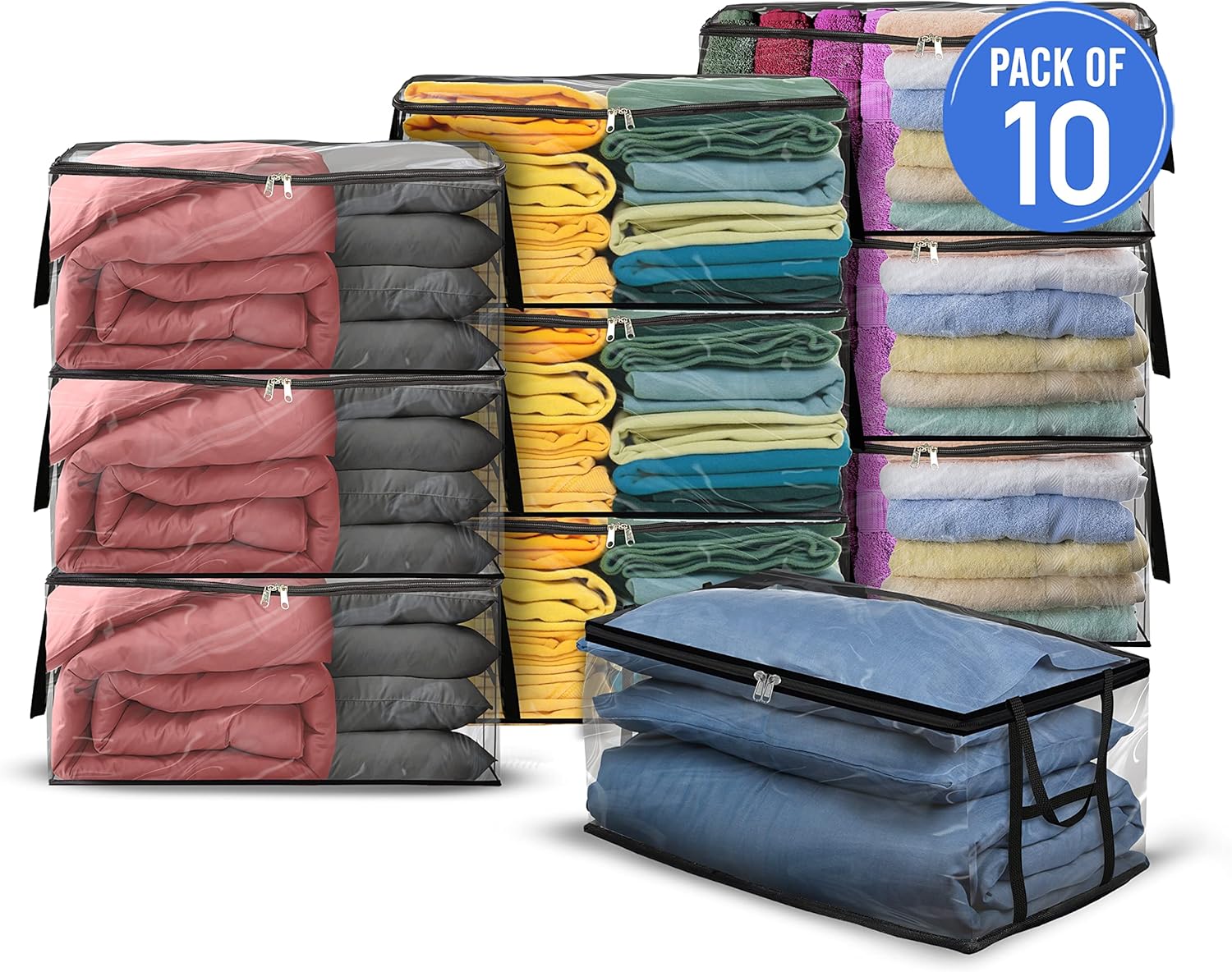 Covers & all Clear Storage Bag, 90 litres Large size, Heavy Duty 20 mil Clear PVC fabric, Multi-purpose Organizer with zipper and handles (23”L x 17"W x 14"H, Pack of 10)