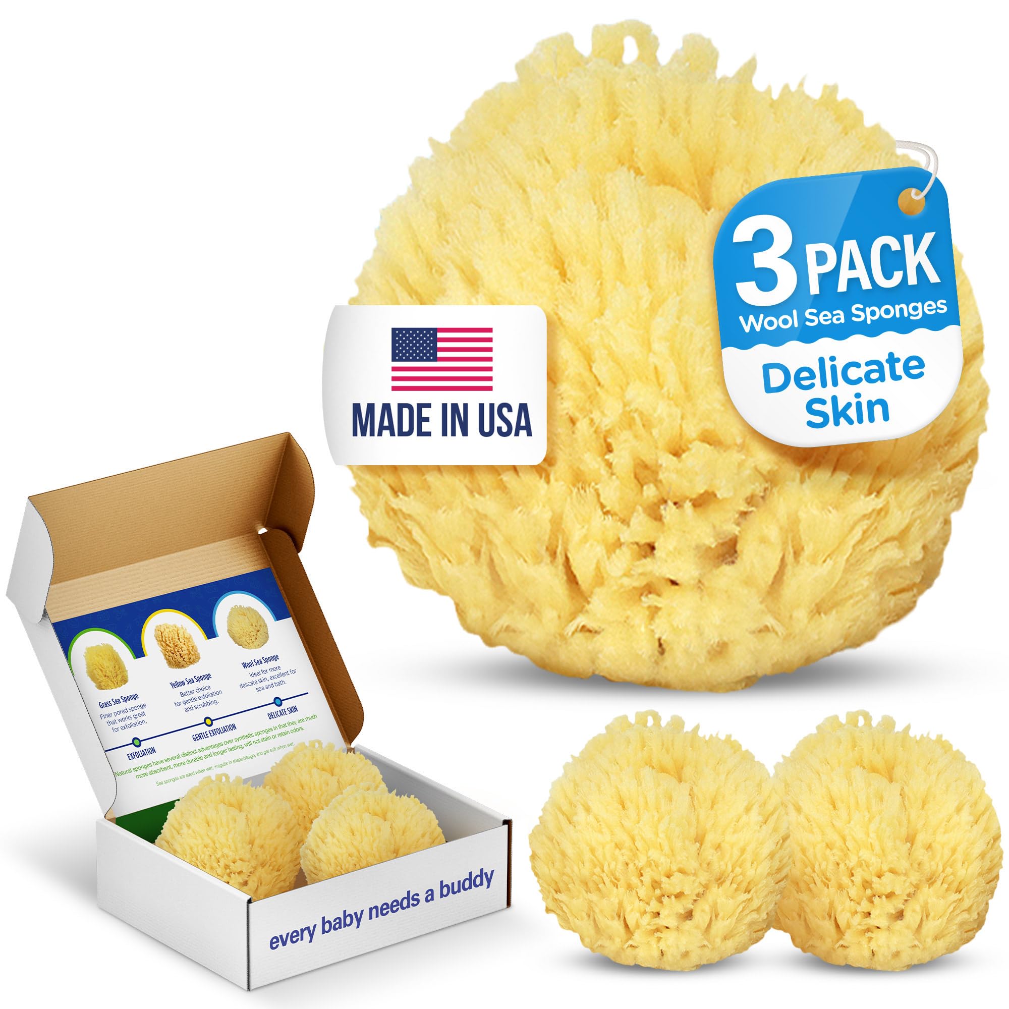 Baby Buddy Natural Bath Sponge, Ultra-Soft Sea Wool, Gentle on Baby's Skin, Hypoallergenic, Biodegradable, 3-Pack, 4in for Baby & Infant Bath Time
