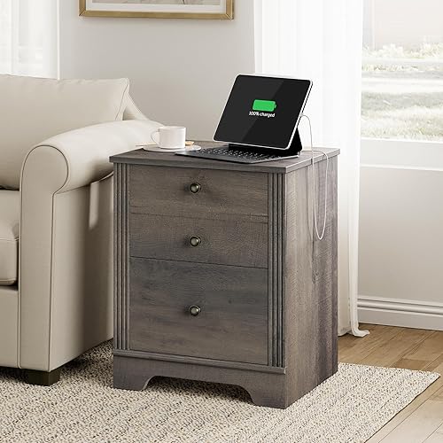 Miniatura 7 de WAMPAT Mesita de noche con estación de carga, juego de 2 mesas auxiliares con 2 cajones, mesas auxiliares modernas para sofá, mesitas de noche de