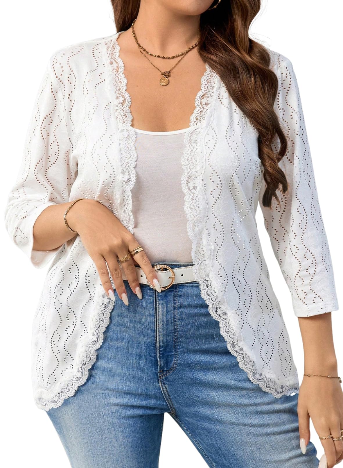 Eytino Plus Size Cardigan for Women Summer Casual Loose Half Sleeve Knit Jacquard Fashion Lace Open Front Tops