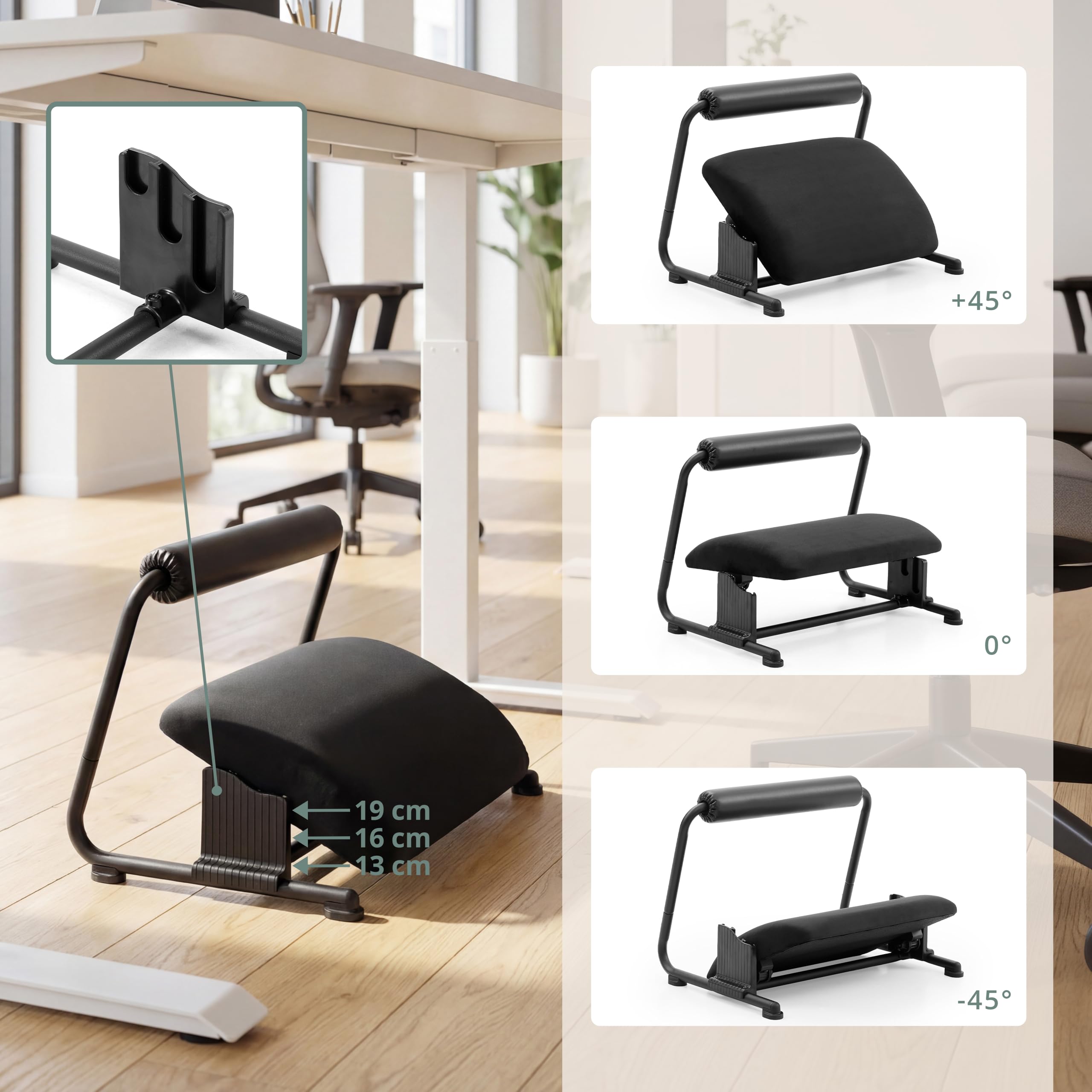 hjh OFFICE Fußablage Podi Velvet Schwarz – Ergonomische, höhenverstellbare Fußstütze mit neigbarer Fußplatte, gepolsterter Beinablage für bessere Durchblutung